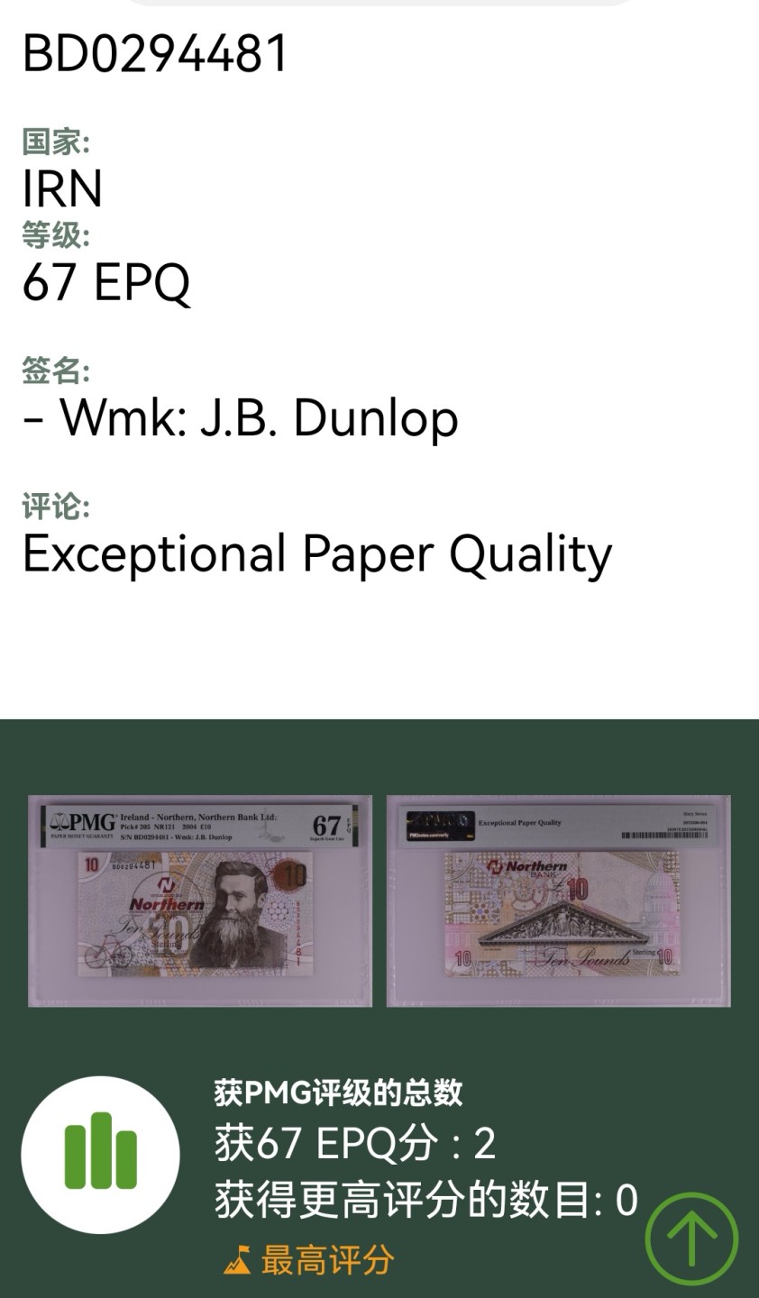 《张总收藏》50期——欧洲经典名誉品 北爱尔兰10镑 PMG67E 北方银行 2004年版被盗钞 仅发行了3、4个月 银行被抢劫 后紧急更换为新版本 存量很少 唯二冠军分
