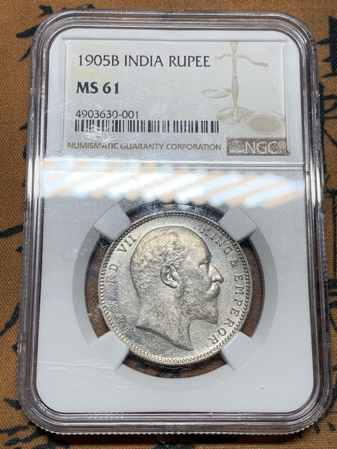 《竞宝斋》第36场-本周日 （全场顺丰包邮） NGC-MS61 印度 1905年爱德华七世1卢比银币 全银光好品