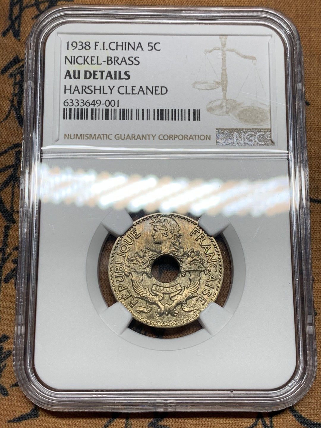 《竞宝斋》第36场-本周日 （全场顺丰包邮） NGC评级，法属1938年印支5分AU品 状态还不错