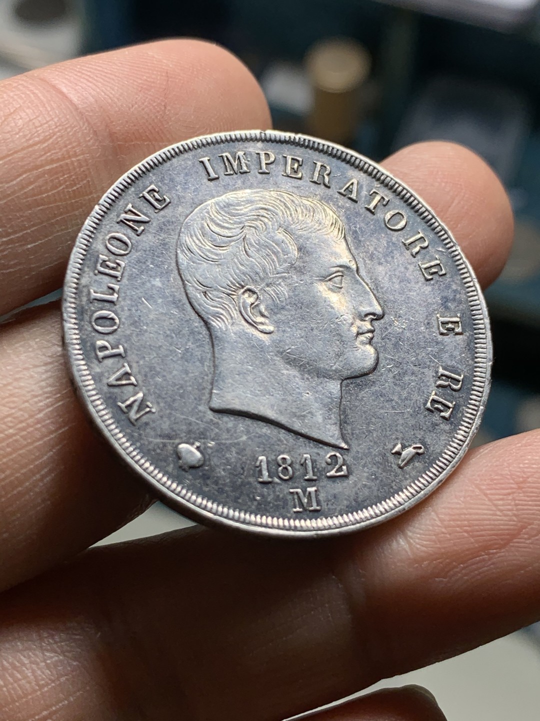 《竞宝斋》第36场-本周日 （全场顺丰包邮） 1812年 拿破仑一世 法占意大利5里拉银币    稀少au好品相   