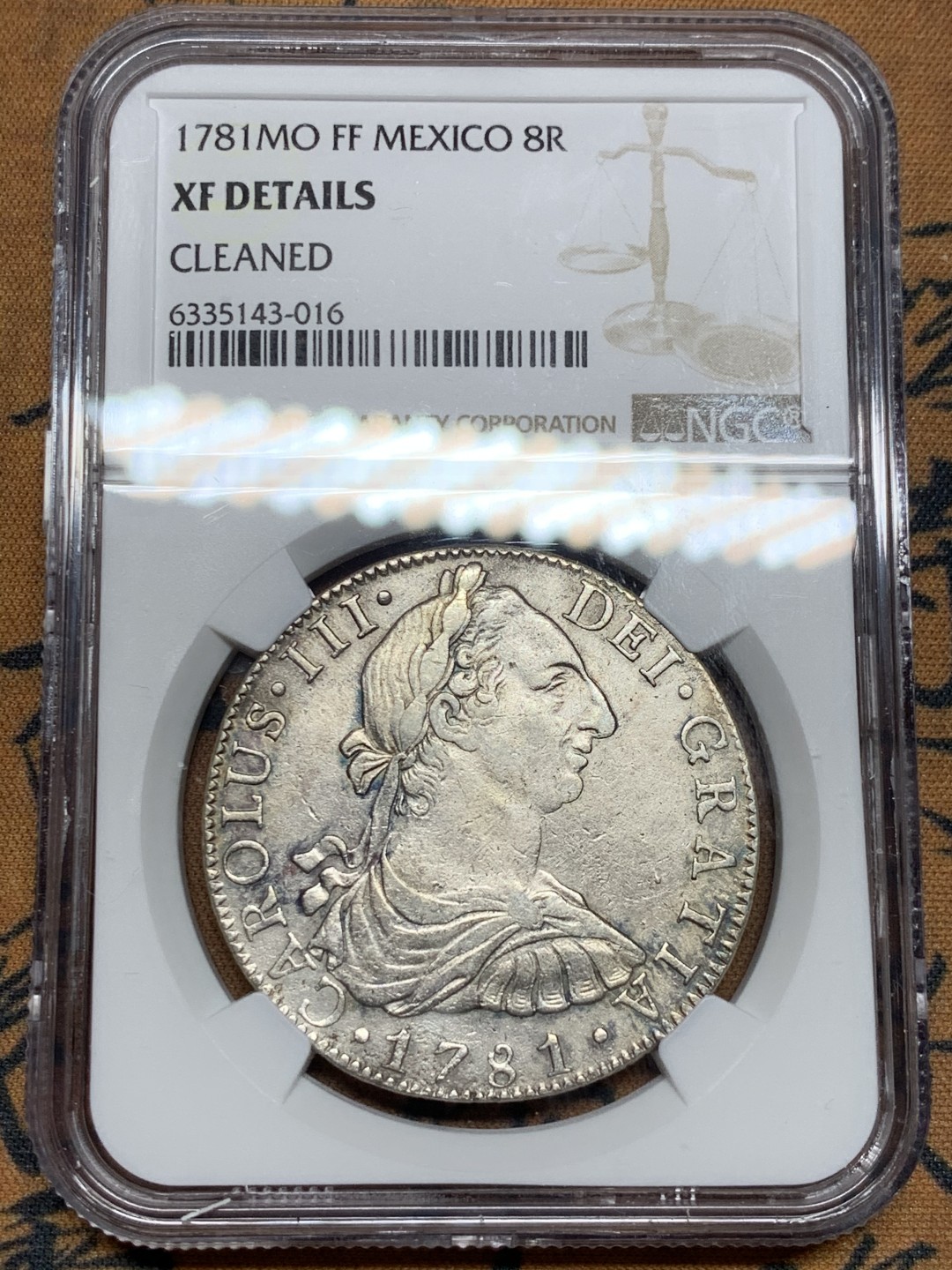 《竞宝斋》第36场-本周日 （全场顺丰包邮） NGC评级 墨西哥 1781年 卡三   双柱 银币  双面深打 原味包浆