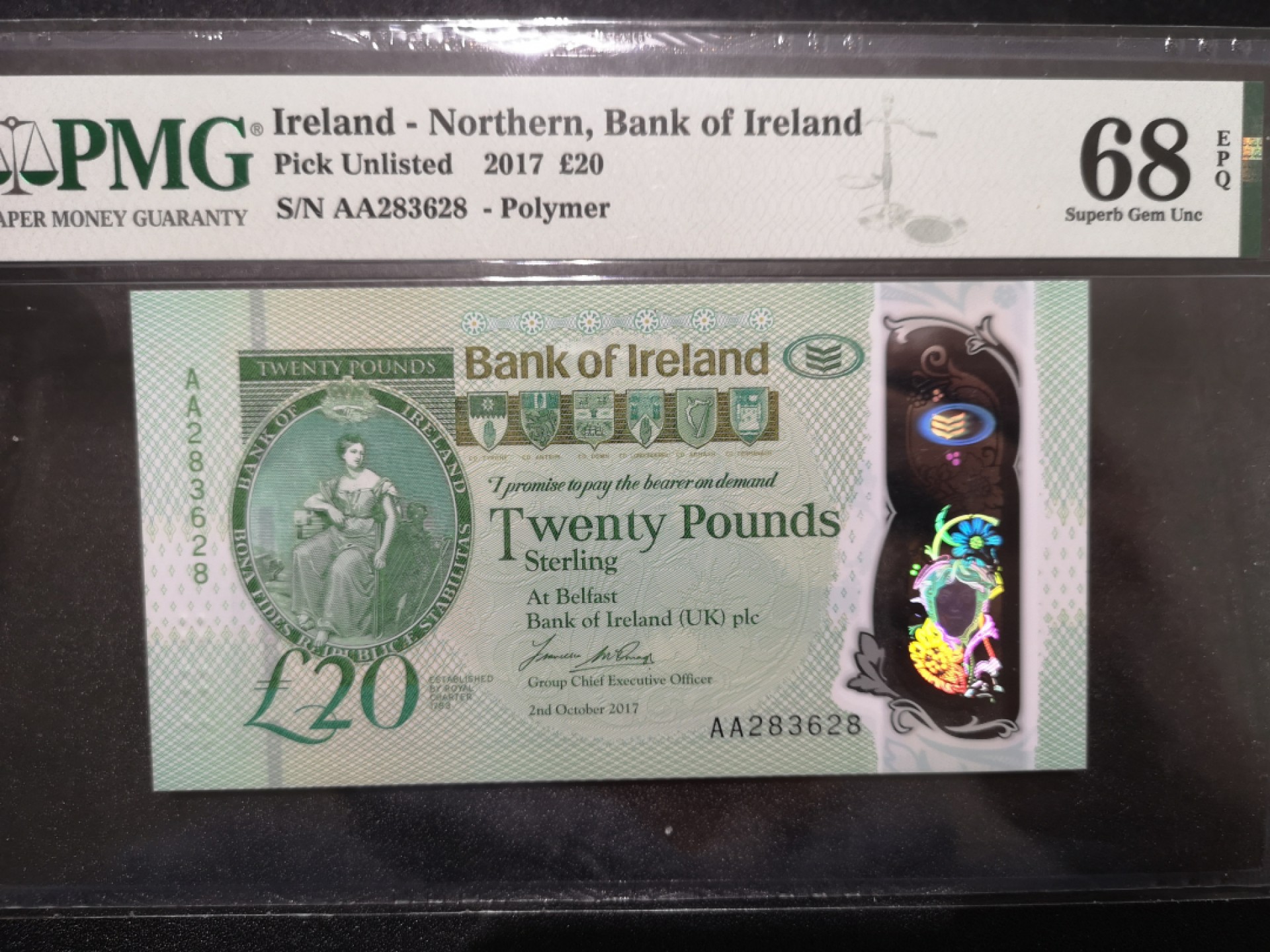 《外钞收藏家》第一百六十九期拍卖（本期65件） 2017年北爱尔兰20镑 无47尾8 PMG68 AA冠