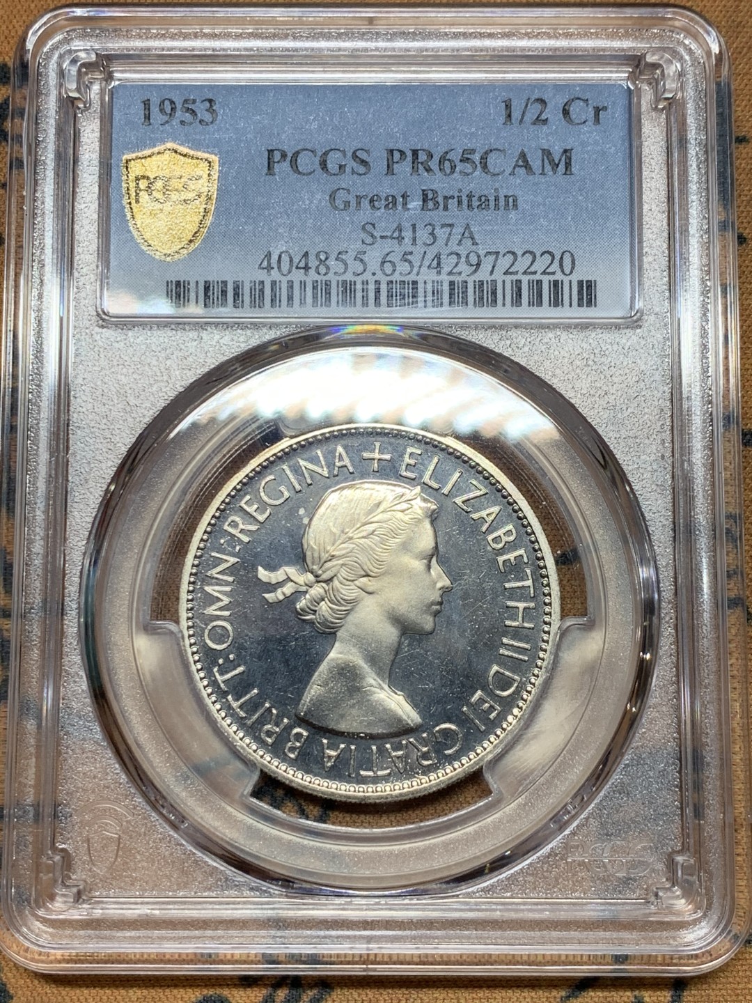 《竞宝斋》第36场-本周日 （全场顺丰包邮） pcgs-PR65CAM 1953年英国半克朗 年轻伊伊 精制镜面好状态 女王老矣未来潜力股