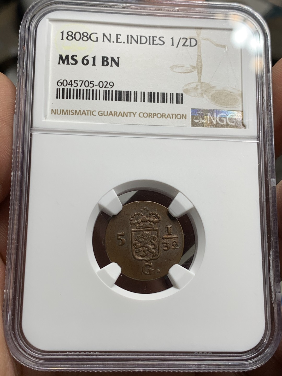 《竞宝斋》第36场-本周日 （全场顺丰包邮） NGC-MS 61BN 荷属东印度1808年1/2 DUIT 铜币