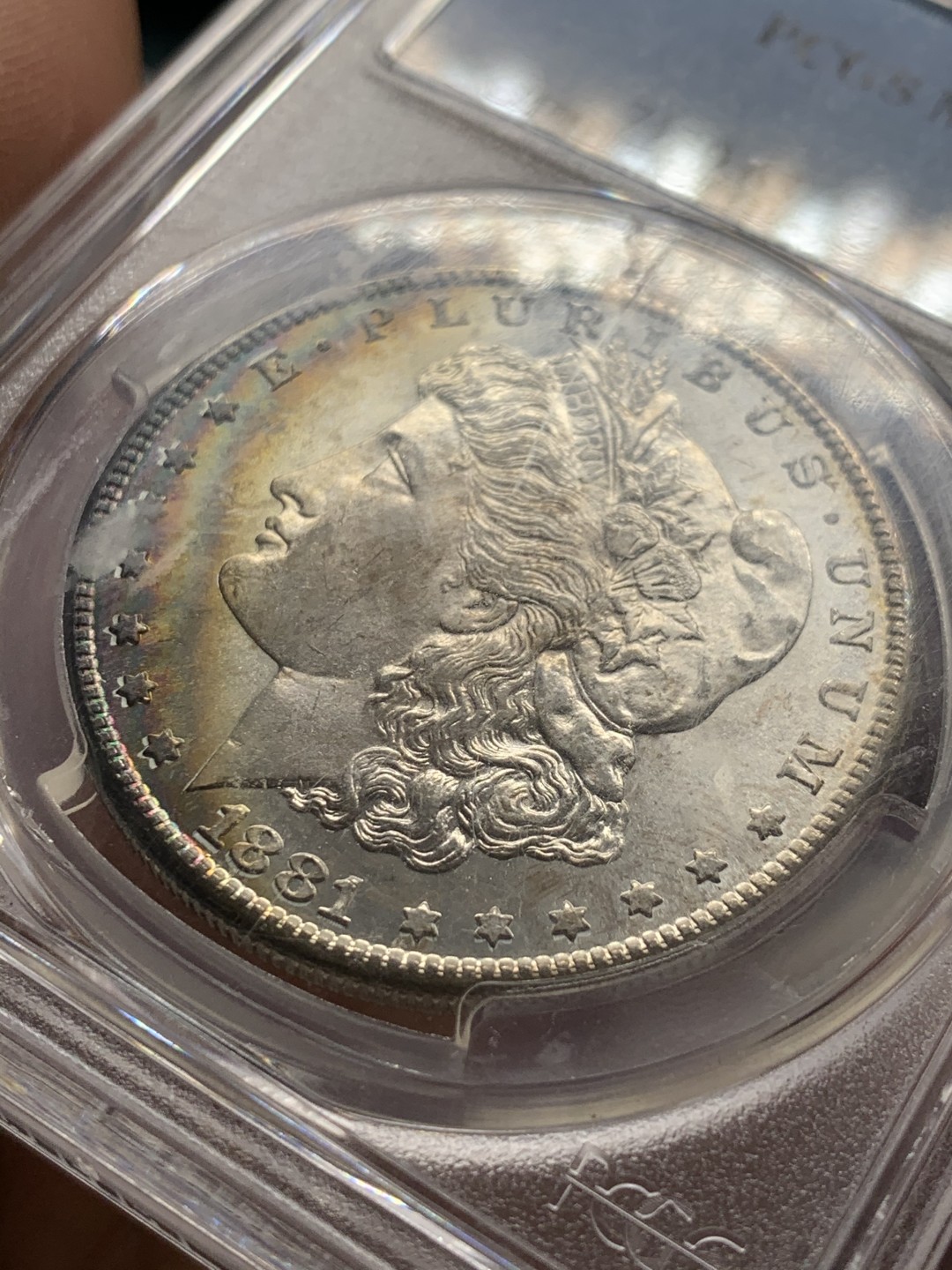《竞宝斋》第36场-本周日 （全场顺丰包邮） PCGS MS65 美国 1881年S版 月牙彩摩根 银元 难得包浆 喜欢不要错过