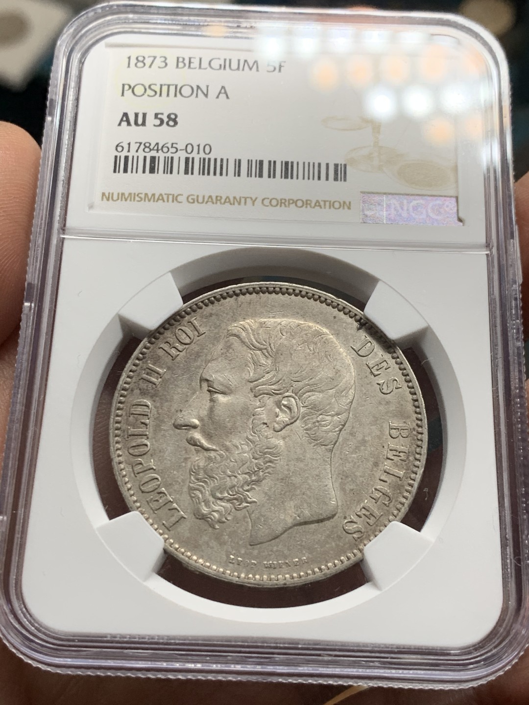 《竞宝斋》第36场-本周日 （全场顺丰包邮） NGC-AU58 比利时1873年5法郎 