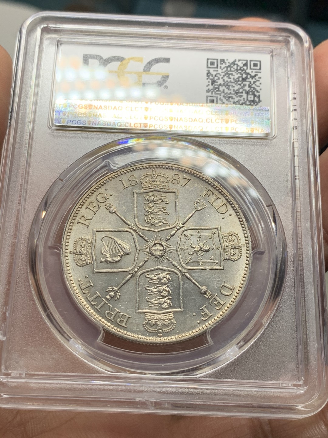 《竞宝斋》第36场-本周日 （全场顺丰包邮） PCGS-MS63+ 英国1887年维多利亚高冠双弗洛林