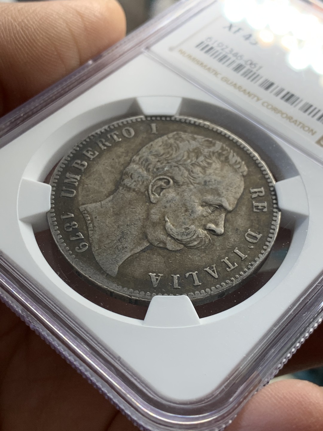 《竞宝斋》第37场-周日 首场自动拍卖 2件或者满200包顺丰 NGC XF45 原味 意大利 翁贝托 1879年 5里拉银币