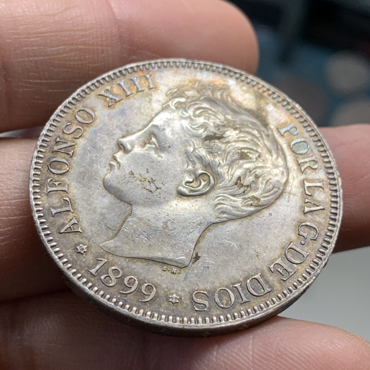 《竞宝斋》第37场-周日 首场自动拍卖 2件或者满200包顺丰 西班牙1899年阿方索十三世5比塞塔双柱银币 好品酱彩 稀少年份