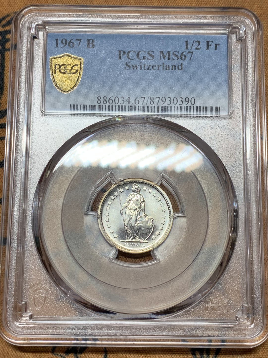 《竞宝斋》第36场-本周日 （全场顺丰包邮） PCGS-MS67 1967年瑞士1/2法郎银币