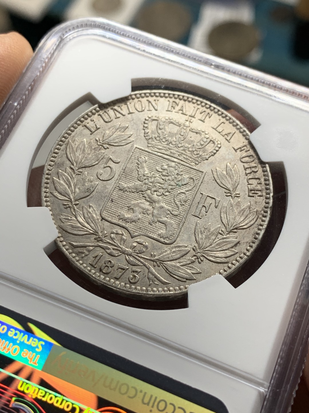 《竞宝斋》第36场-本周日 （全场顺丰包邮） NGC-AU58 比利时1873年5法郎 