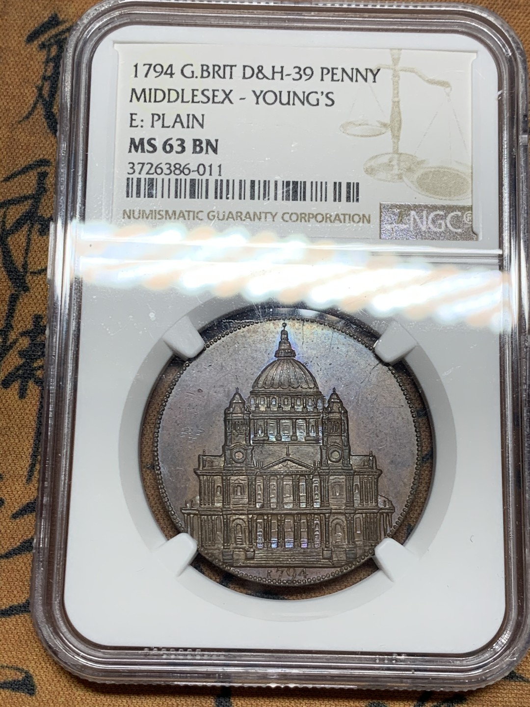 《竞宝斋》第36场-本周日 （全场顺丰包邮） NGC-MS63BN英国1794年1便士代币