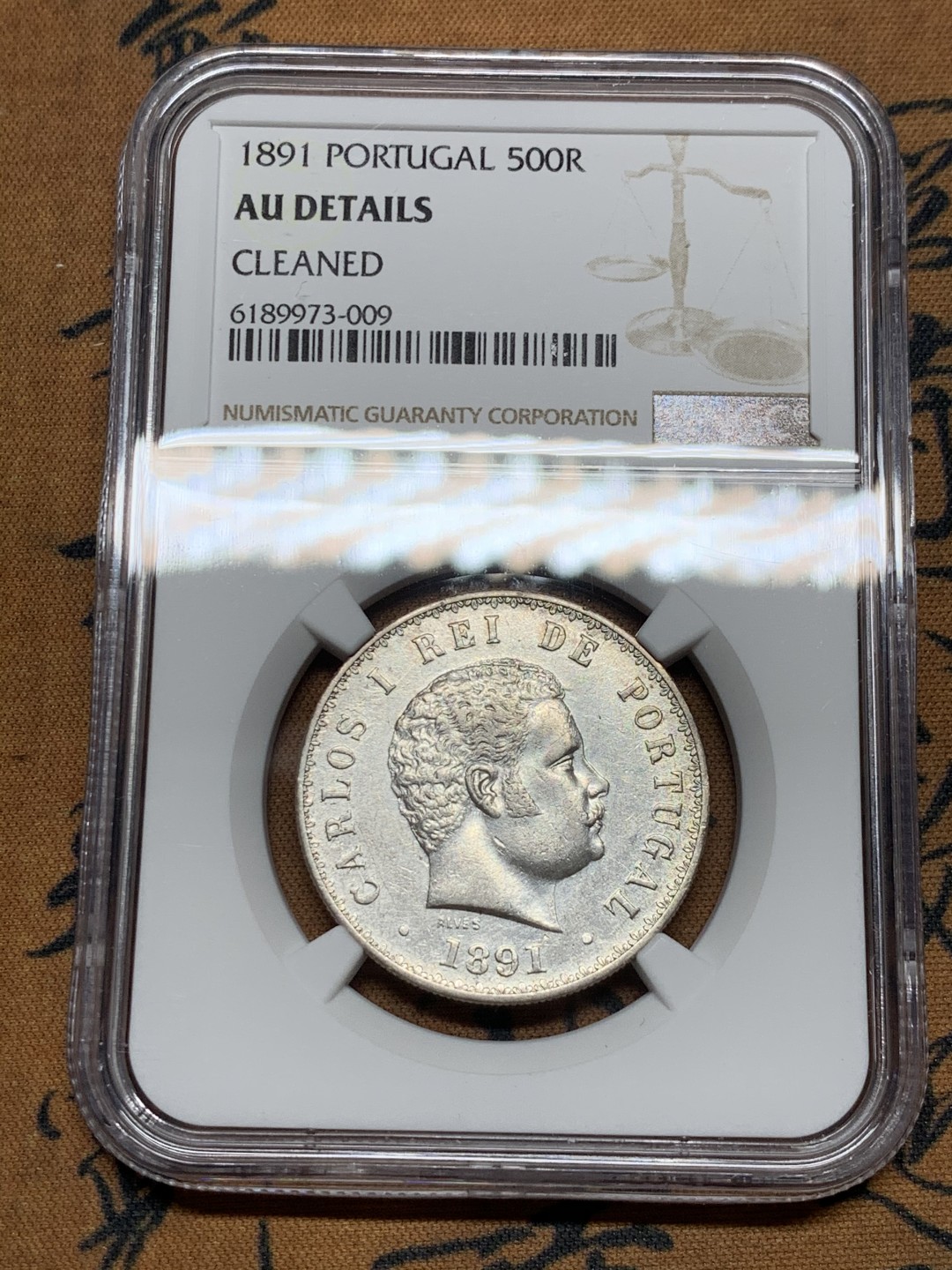 《竞宝斋》第36场-本周日 （全场顺丰包邮） NGC 评级 葡萄牙 1891年 卡洛斯一世500里斯 银币 半元型