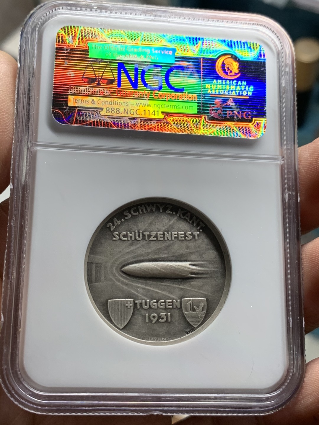 《竞宝斋》第36场-本周日 （全场顺丰包邮） NGC-MS67 瑞士 1931年施维茨-图根射击节银章 让子弹飞 唯一冠军分 存世量个位数 表面有冰霜实物极其养眼 顶级藏品 外拍大热门