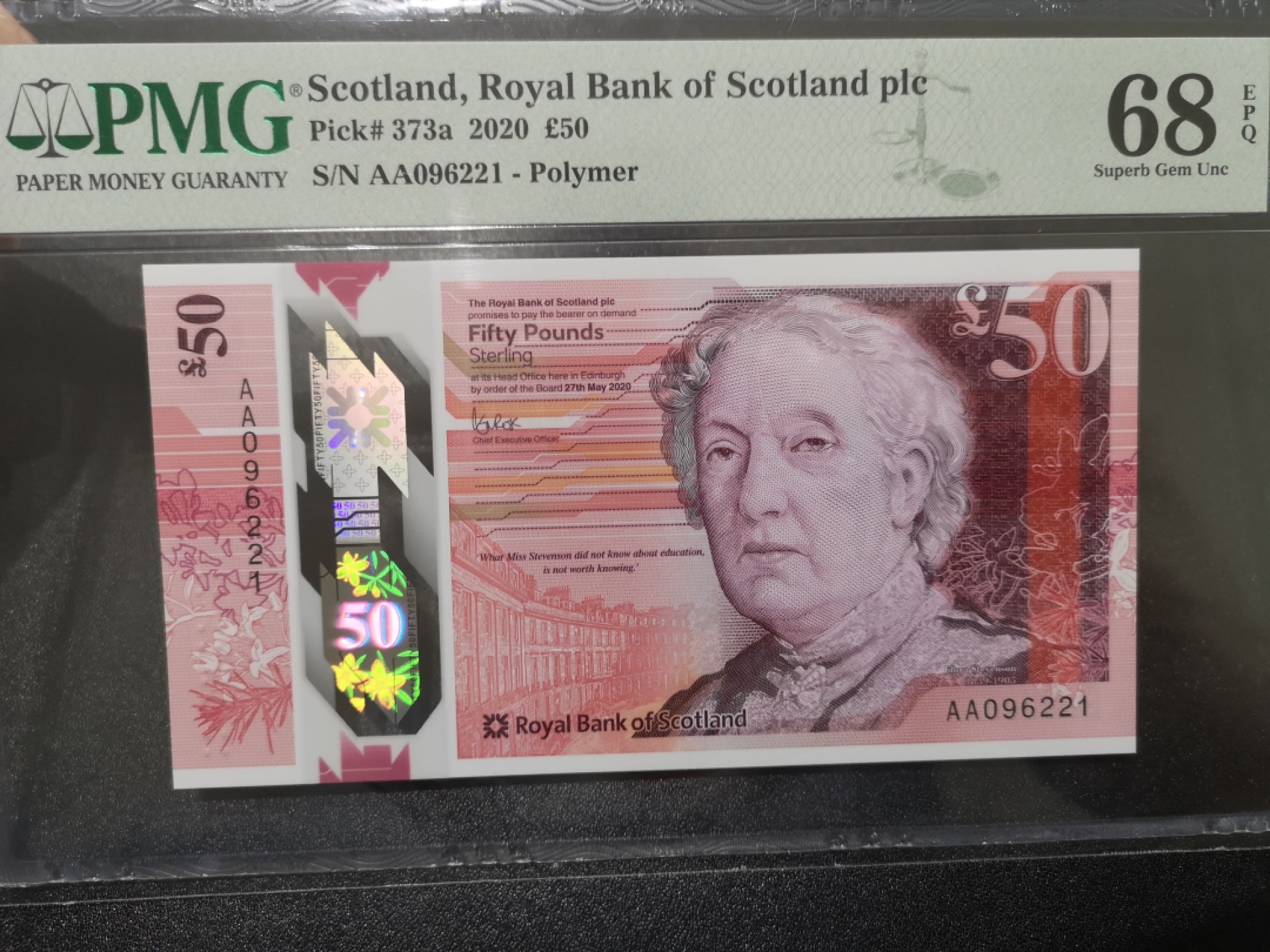 《外钞收藏家》第一百六十九期拍卖（本期65件） 2020年苏格兰皇家银行50镑 首发AA冠 PMG68 无47