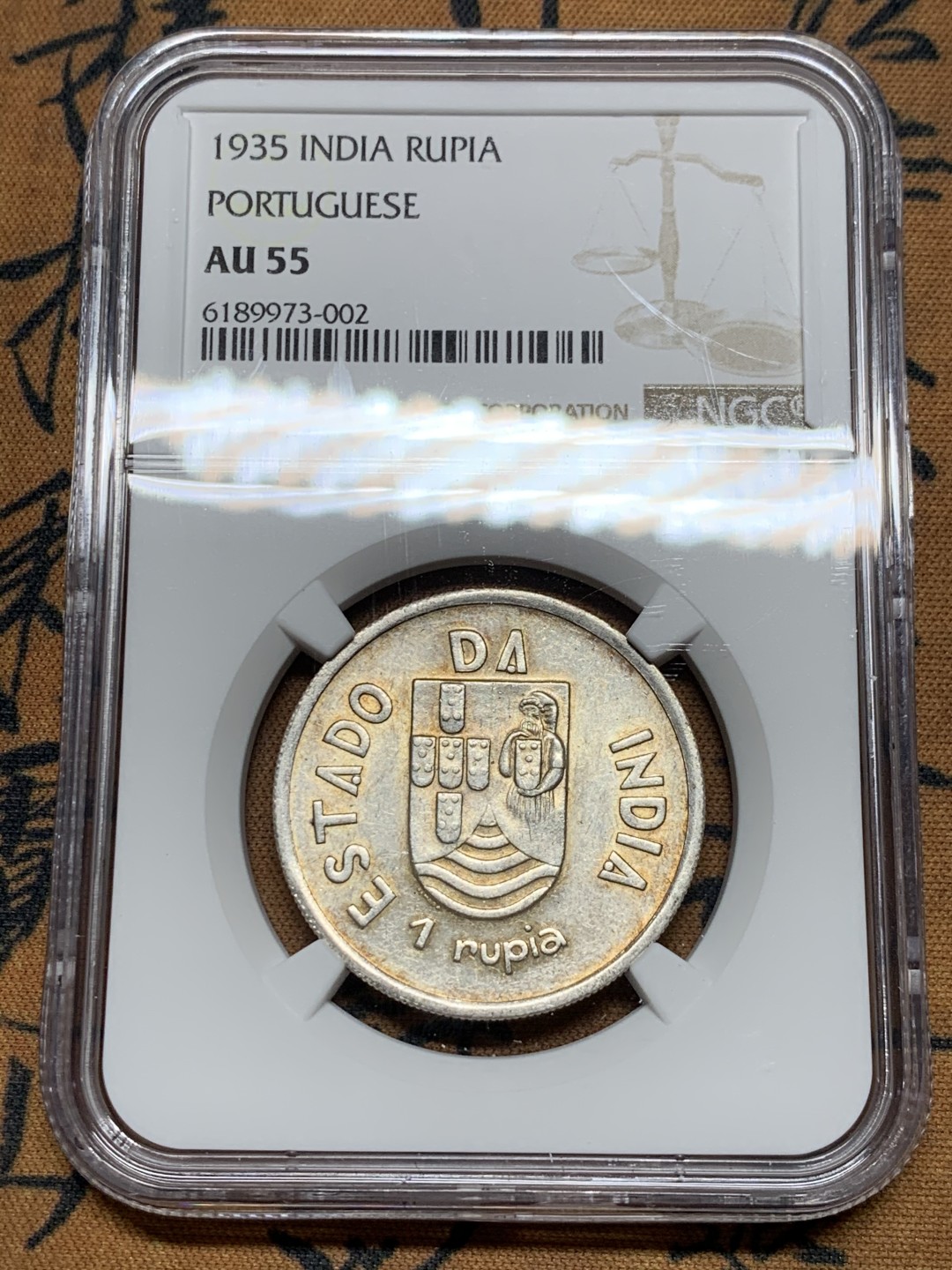 《竞宝斋》第36场-本周日 （全场顺丰包邮） NGC-AU55 葡属印度1935年 1卢比银币 包浆不错