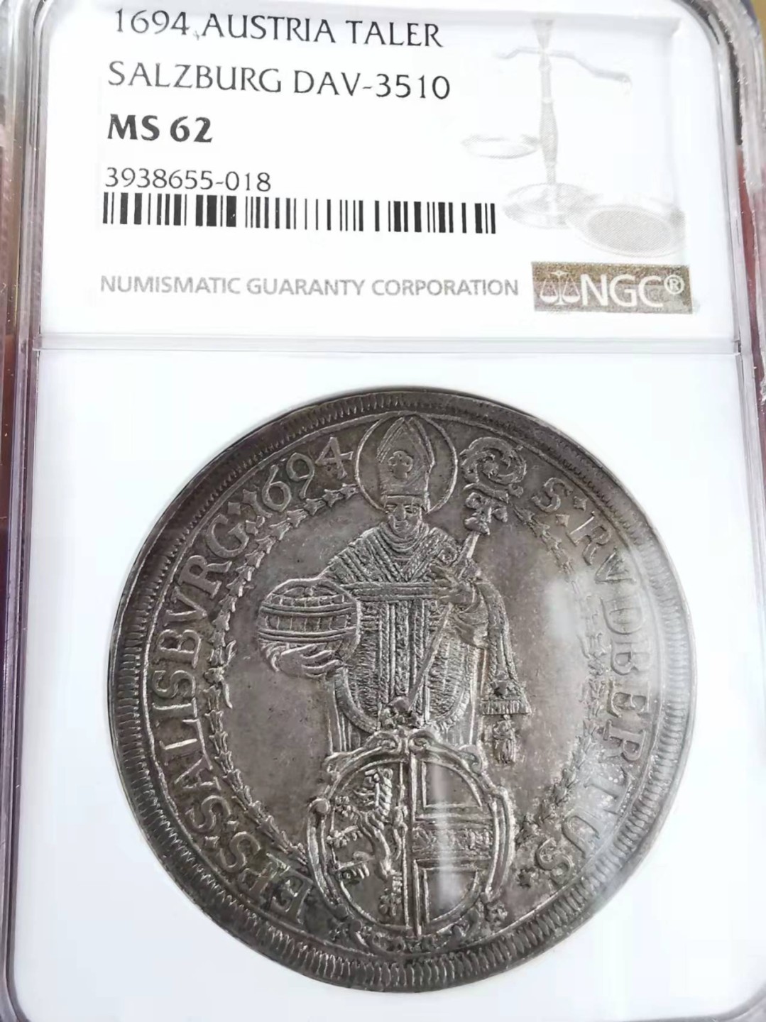 欧罗巴与亚细亚的春天奏鸣曲—凡希社世界钱币微拍第一百九十期 荐！1694萨尔茨堡主教区圣鲁伯特泰勒大银NGC-MS62紫罗兰包浆！