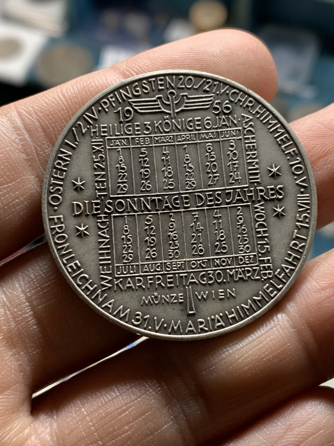 《竞宝斋》第36场-本周日 （全场顺丰包邮） 奥地利1956年日历银章 墨丘里银章，26.5克900银