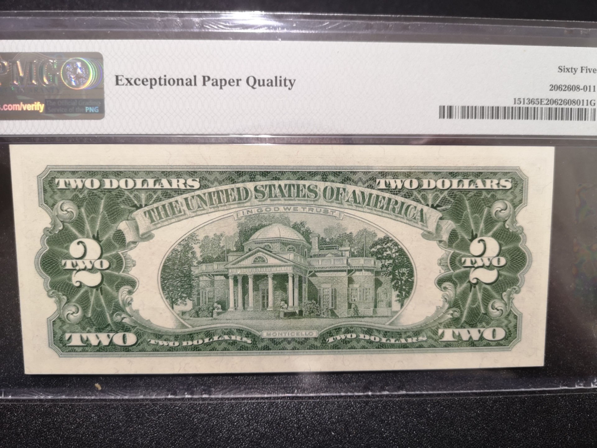 《外钞收藏家》第一百六十九期拍卖（本期65件） 1963年2美元 红库印 无47 PMG65