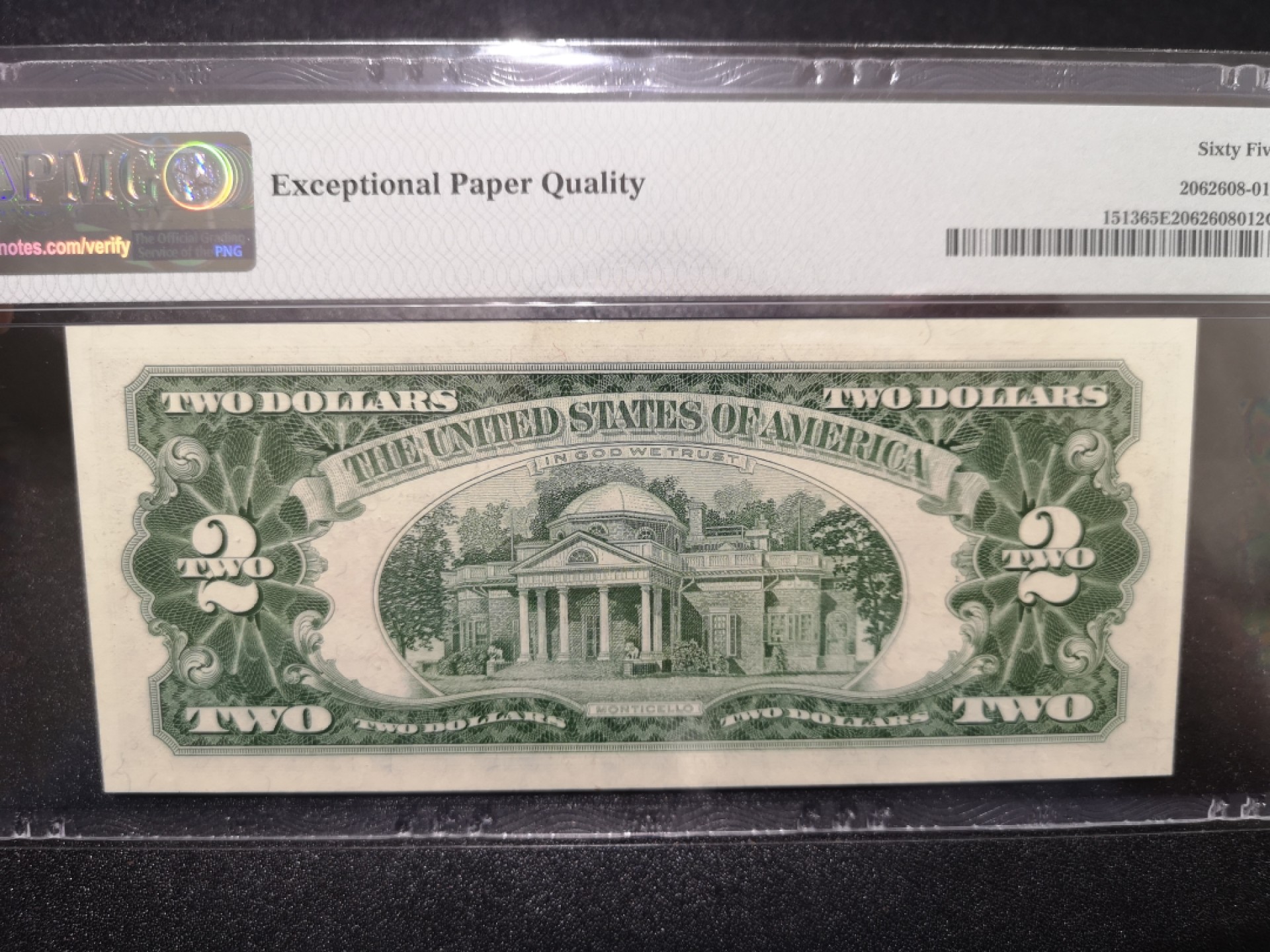 《外钞收藏家》第一百六十九期拍卖（本期65件） 1963年2美元 红库印 无47 PMG65 （与上一张连号）