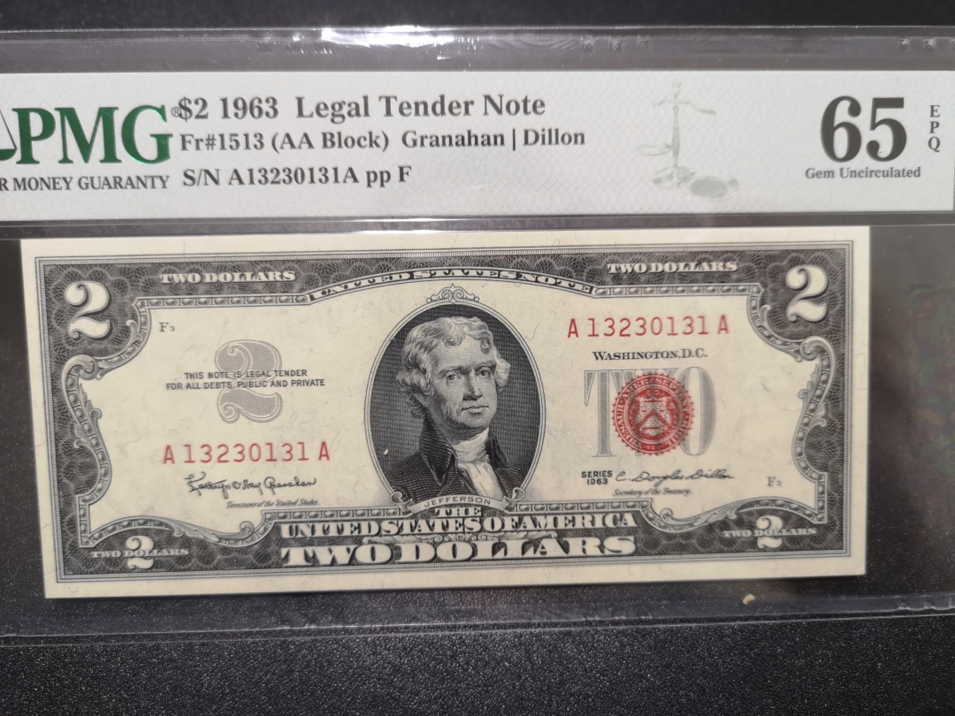 《外钞收藏家》第一百六十九期拍卖（本期65件） 1963年2美元 红库印 无47 PMG65