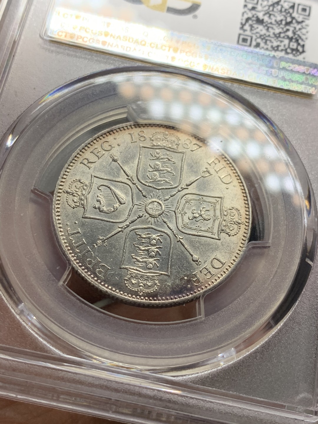 《竞宝斋》第36场-本周日 （全场顺丰包邮） PCGS-AU58 英国1887年维多利亚高冠弗洛林 品相极好 严重低评