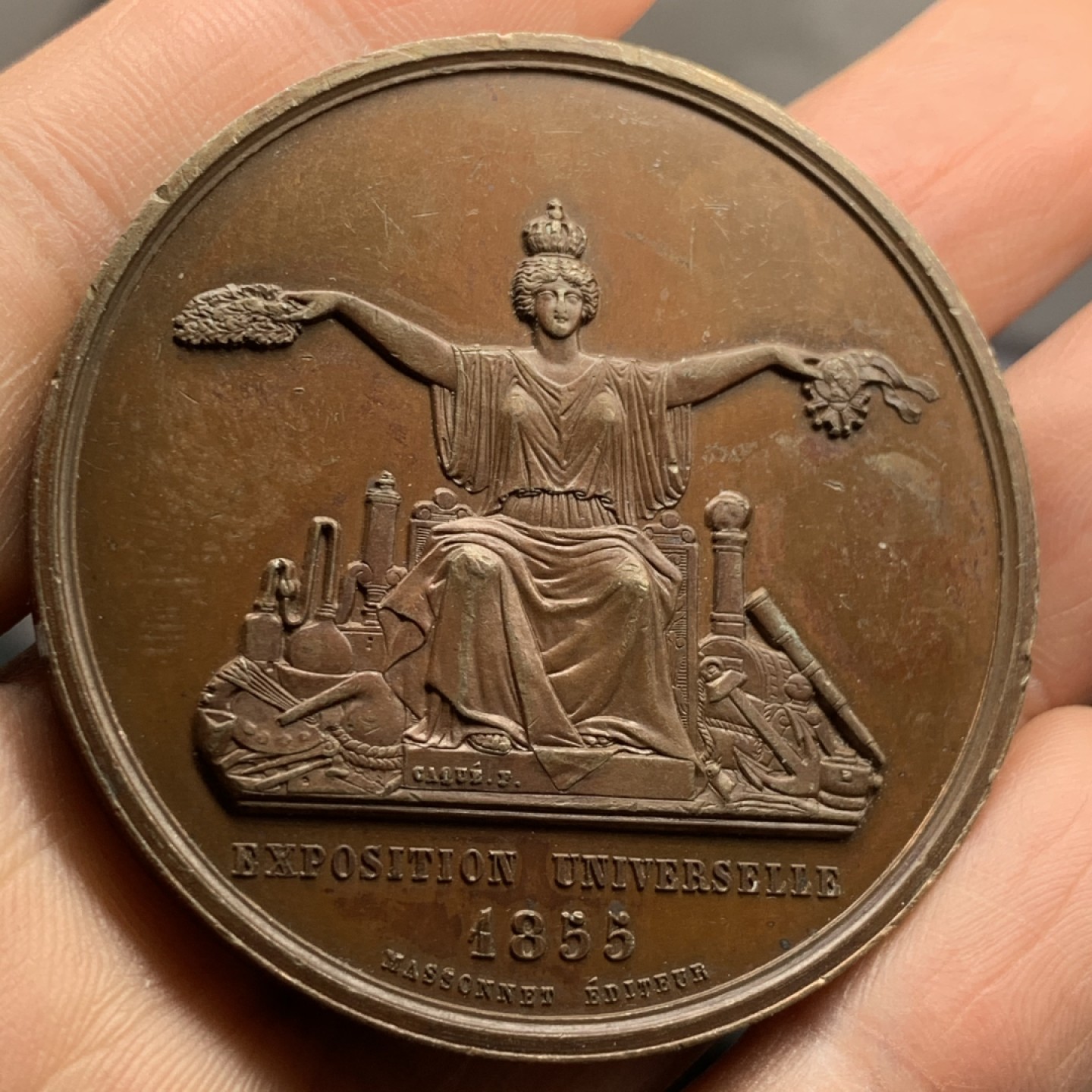 《竞宝斋》第37场-周日 首场自动拍卖 2件或者满200包顺丰 法国1855年世博会纪念女神头像高浮雕大铜章