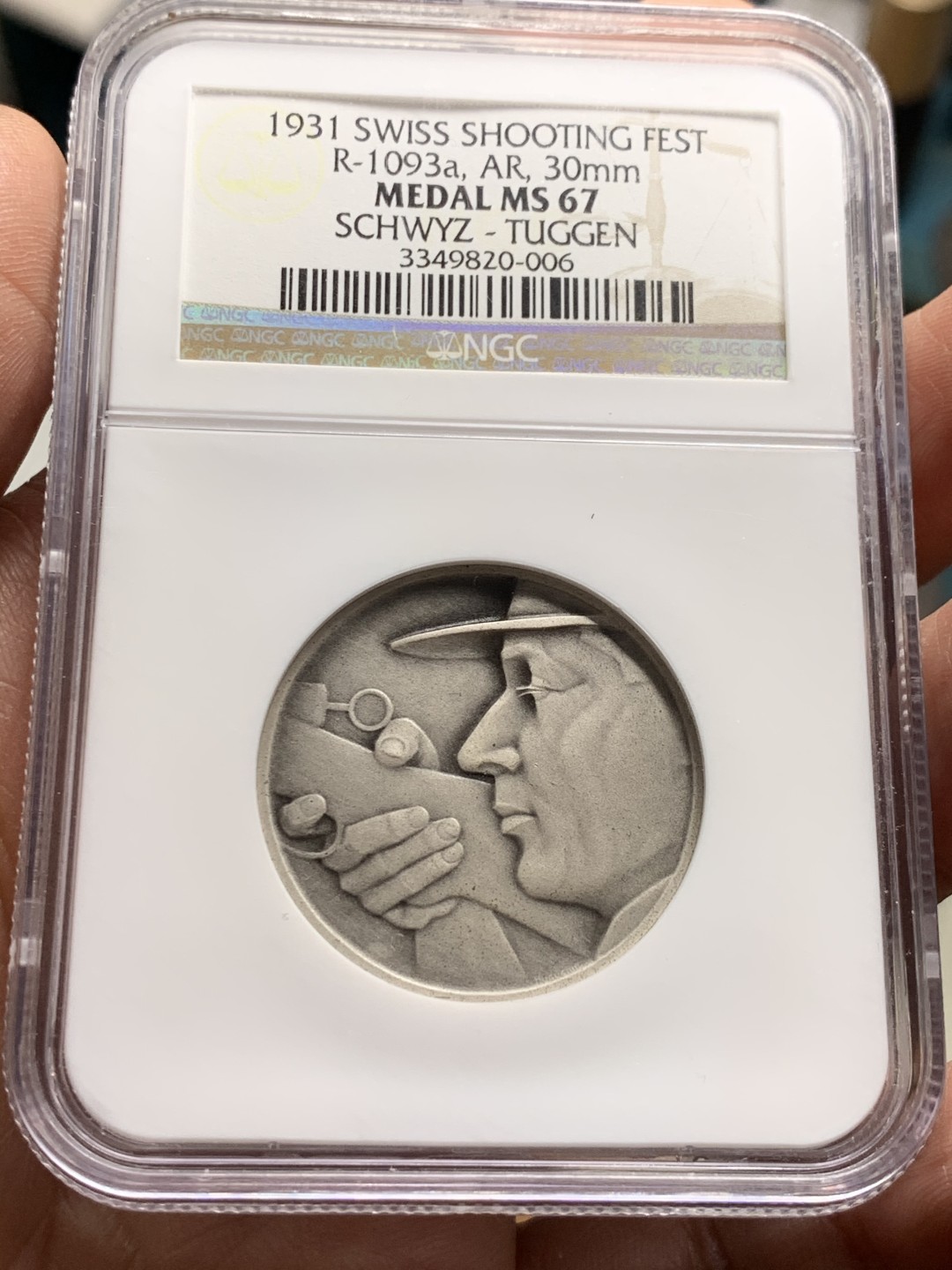 《竞宝斋》第36场-本周日 （全场顺丰包邮） NGC-MS67 瑞士 1931年施维茨-图根射击节银章 让子弹飞 唯一冠军分 存世量个位数 表面有冰霜实物极其养眼 顶级藏品 外拍大热门