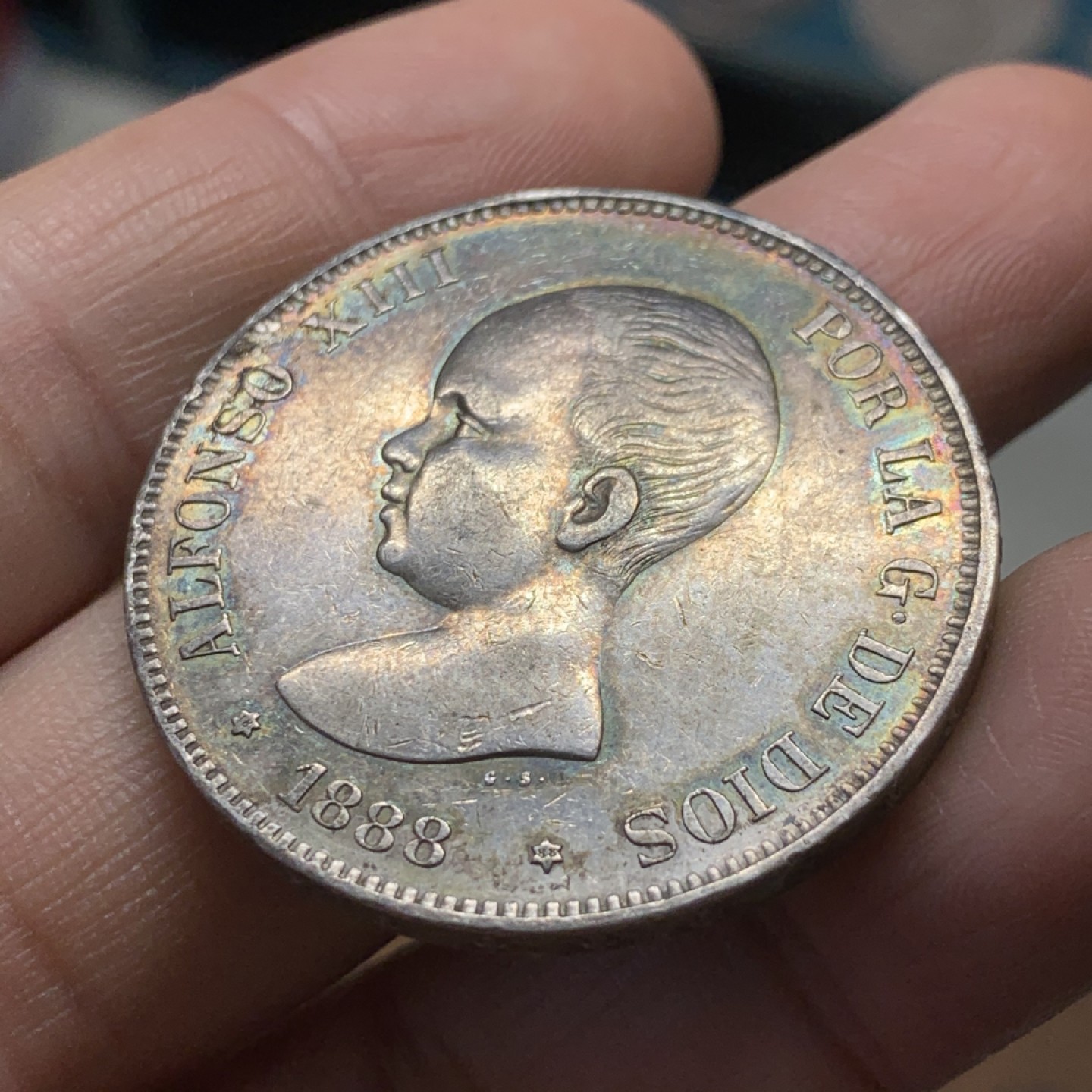 《竞宝斋》第37场-周日 首场自动拍卖 2件或者满200包顺丰 西班牙1888年阿方索十三世5比塞塔双柱银币 五彩包浆 发财年份