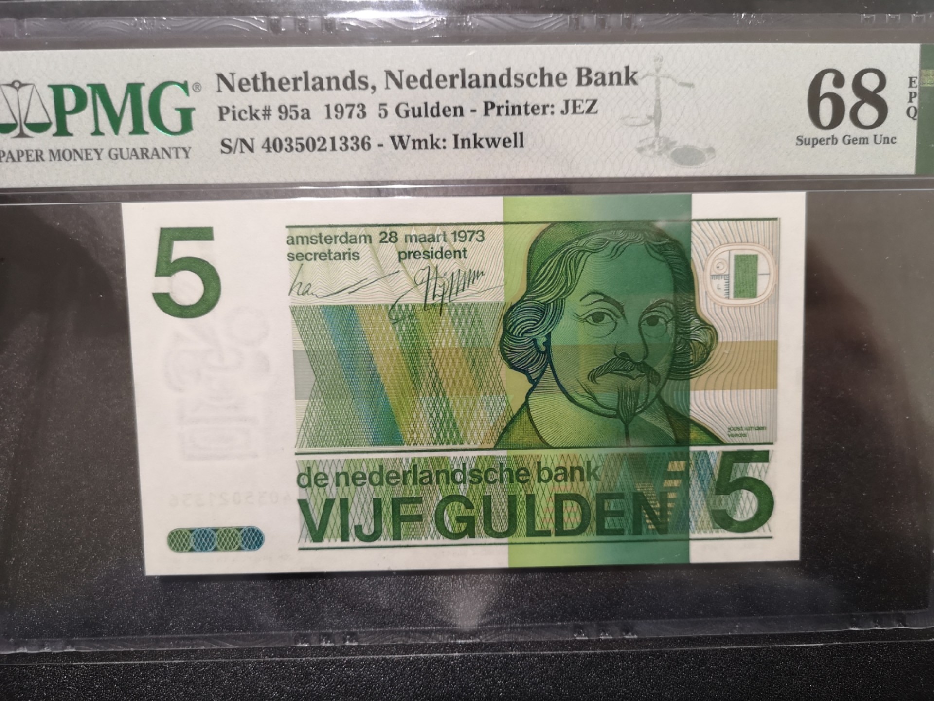 《外钞收藏家》第一百六十九期拍卖（本期65件） 1973年荷兰人像版5盾 PMG68