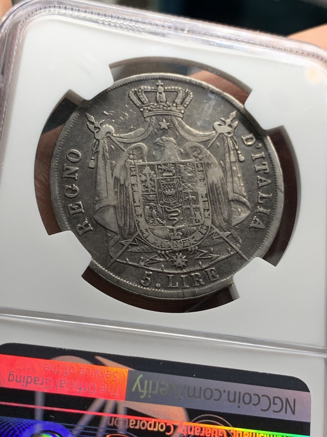 《竞宝斋》第36场-本周日 （全场顺丰包邮） NGC-VF 意大利 1809年 拿破仑一世 法占意大利5里拉银币 老包浆稀少品种