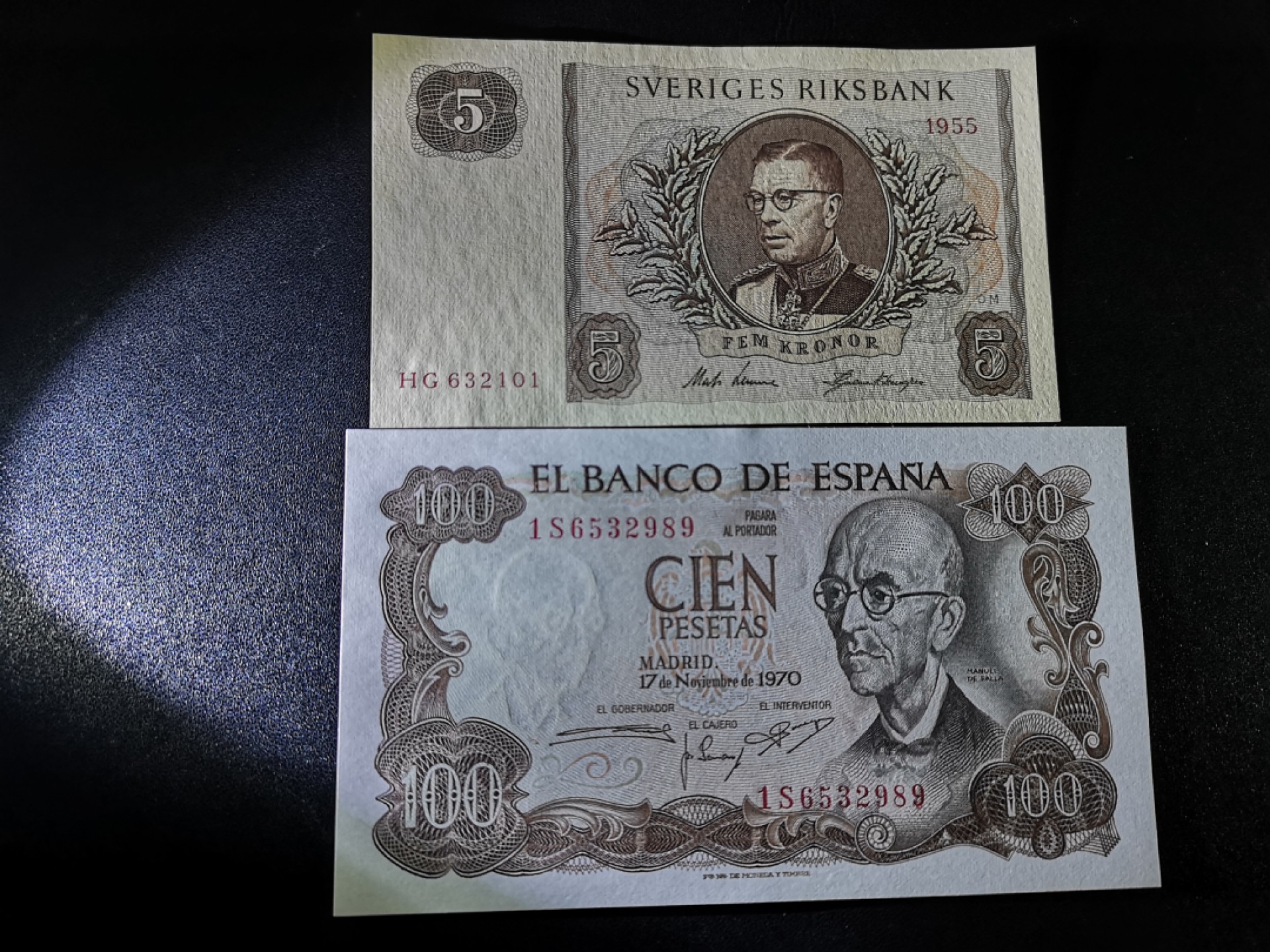 《外钞收藏家》第一百六十九期拍卖（本期65件） 1955年瑞典5克朗、1970年西班牙100克朗 全新UNC 无47