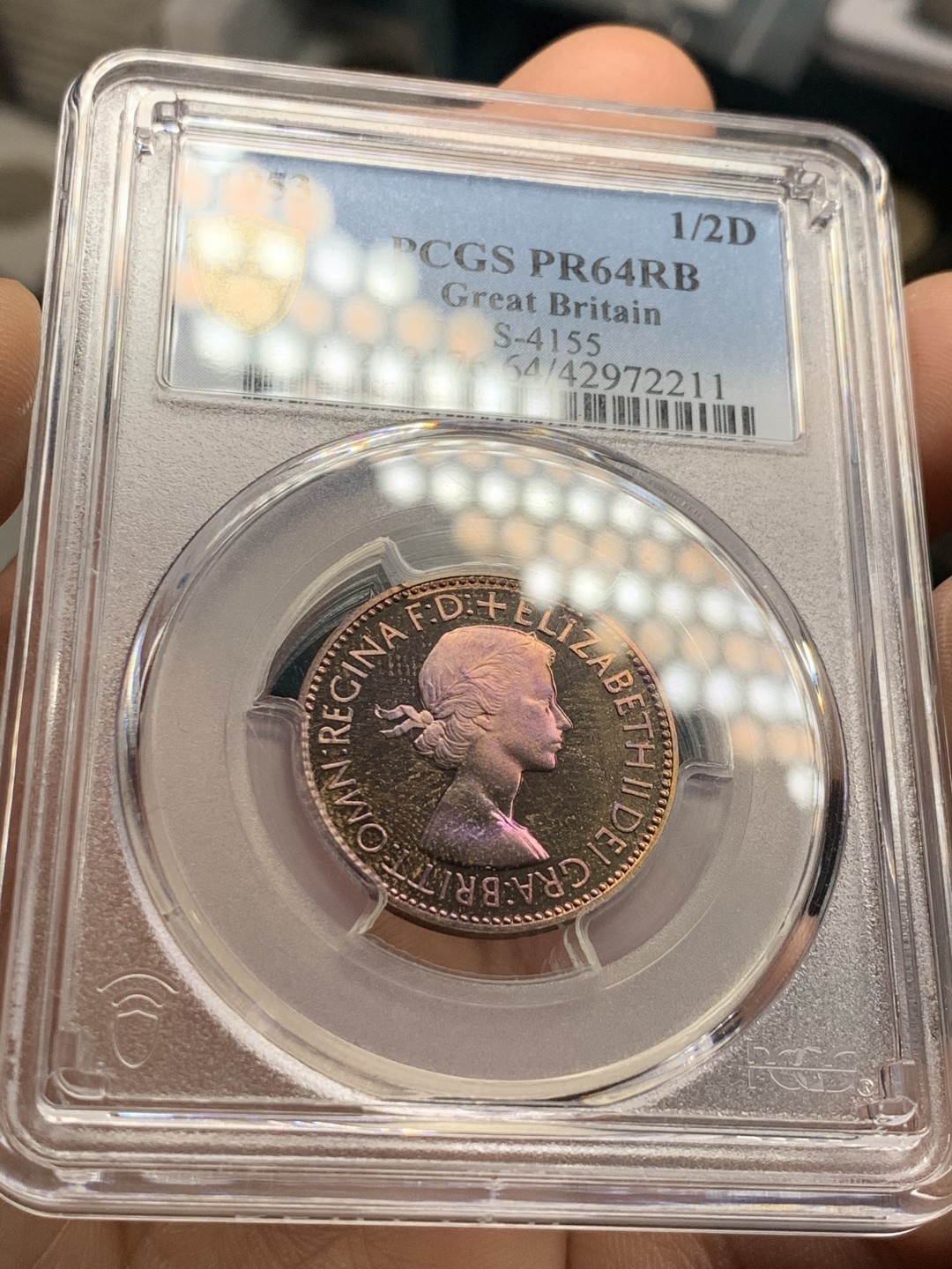 《竞宝斋》第36场-本周日 （全场顺丰包邮） pcgs-PR64RB 1953年英国半便士 年轻伊伊 顶级彩虹包浆 小彩船实物极美 女王老矣未来潜力股