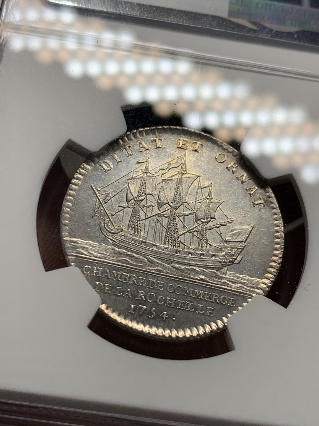 《竞宝斋》第36场-本周日 （全场顺丰包邮） NGC-MS62法国1754年路易十五年银代币 早期代币出分少见