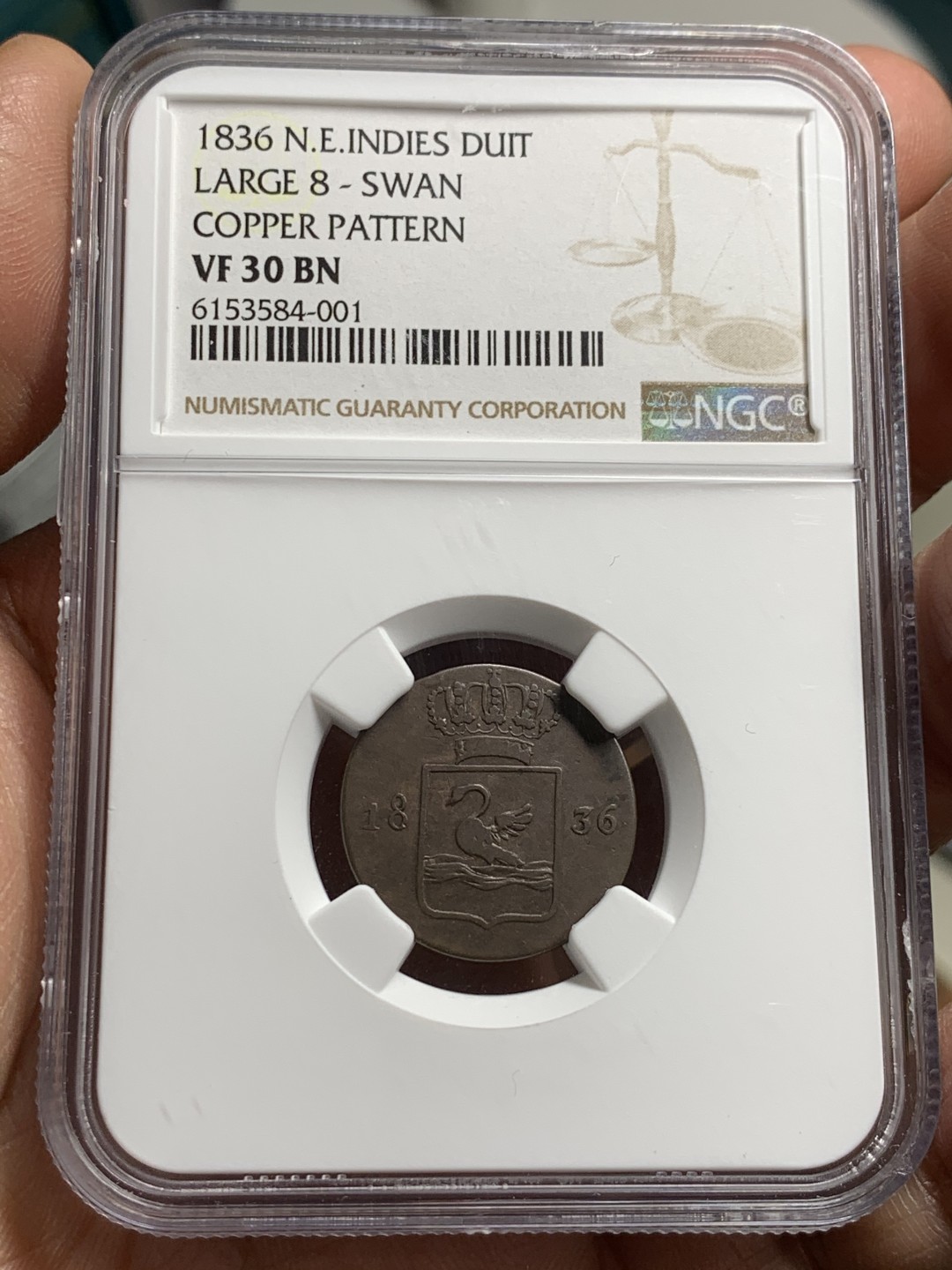 《竞宝斋》第36场-本周日 （全场顺丰包邮） NGC-VF30 BN  荷属东印度1836年DUIT (大8 少见天鹅铜币）