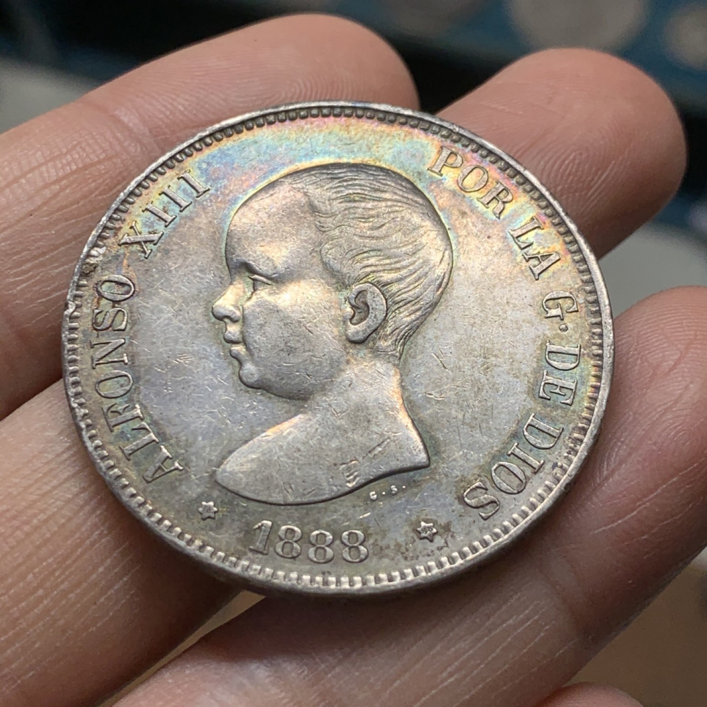 《竞宝斋》第37场-周日 首场自动拍卖 2件或者满200包顺丰 西班牙1888年阿方索十三世5比塞塔双柱银币 五彩包浆 发财年份