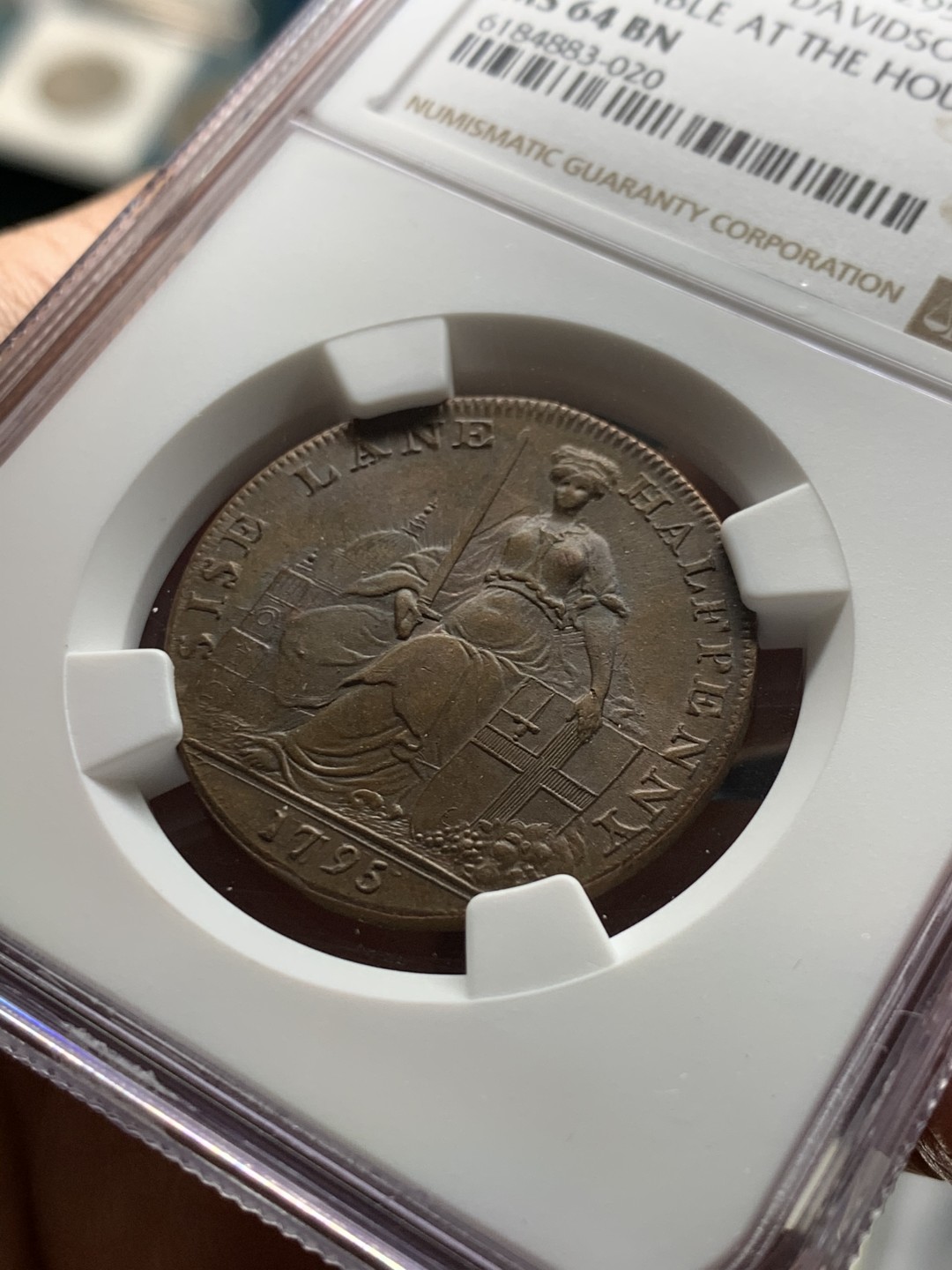 《竞宝斋》第36场-本周日 （全场顺丰包邮） NGC-MS64BN英国兰利1795年半便士代币 高分原铜光