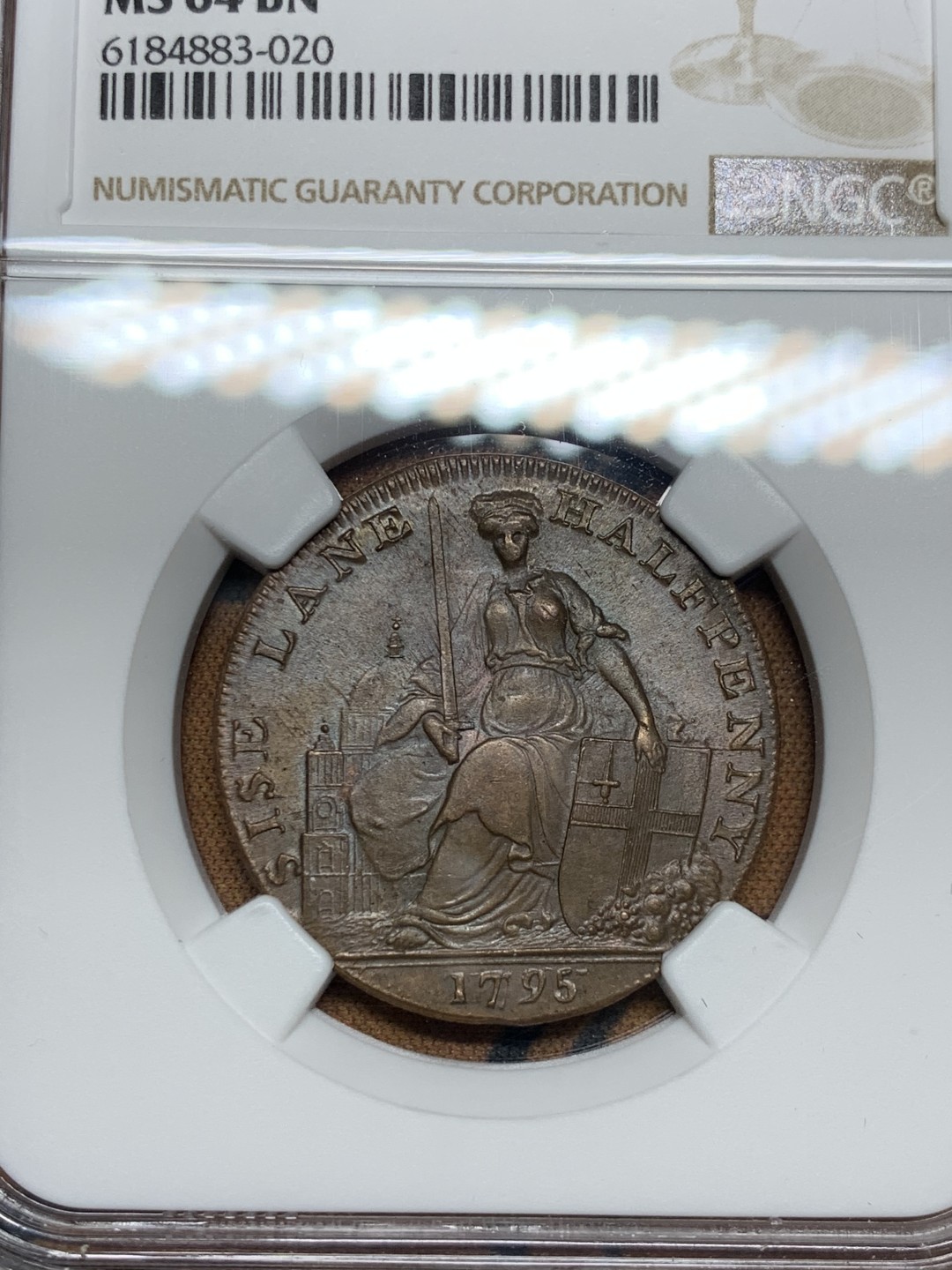 《竞宝斋》第36场-本周日 （全场顺丰包邮） NGC-MS64BN英国兰利1795年半便士代币 高分原铜光