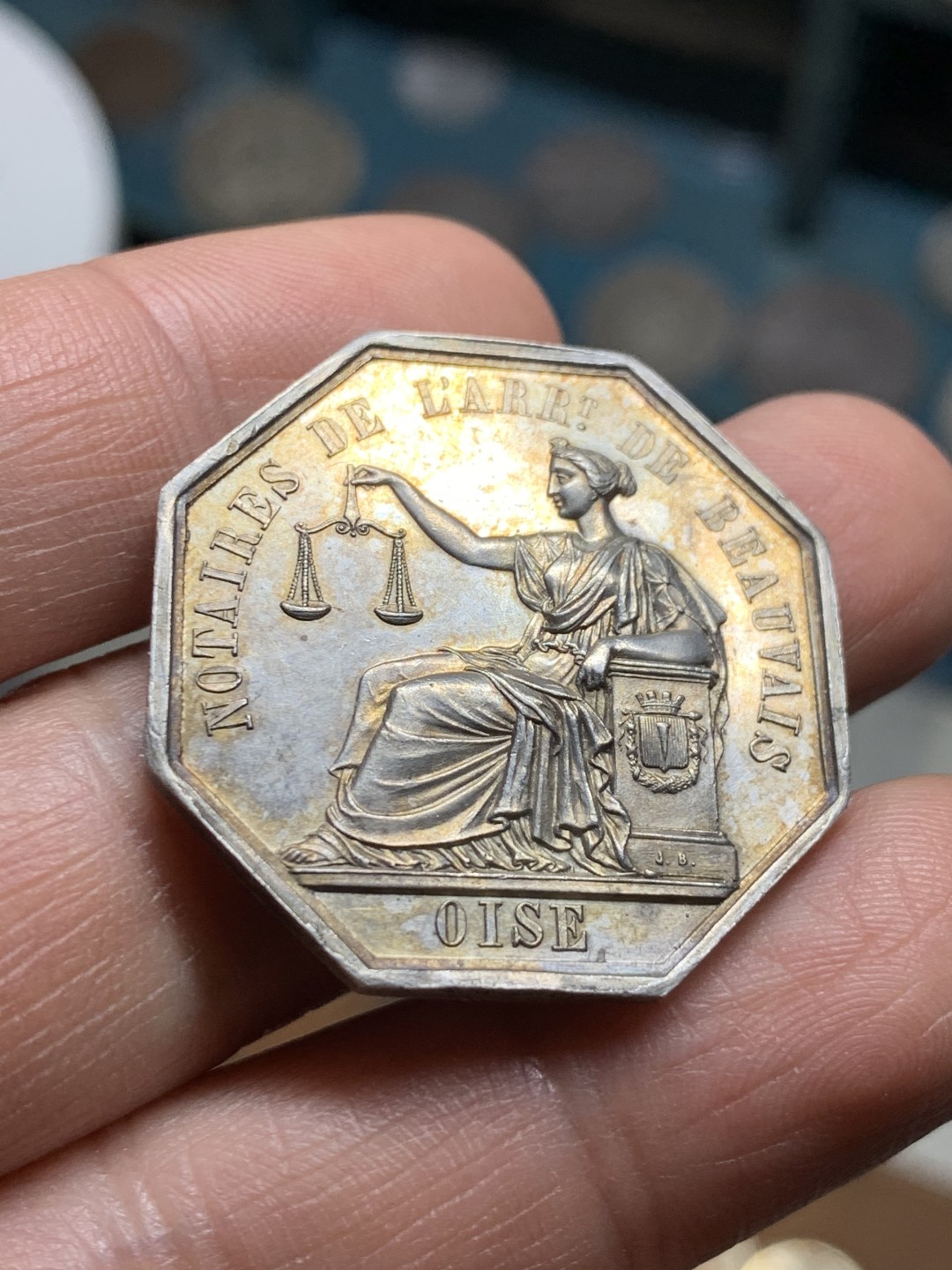 《竞宝斋》第36场-本周日 （全场顺丰包邮） 法国八角银质代币 握手公正八角，蜜蜂铭银标13.3克