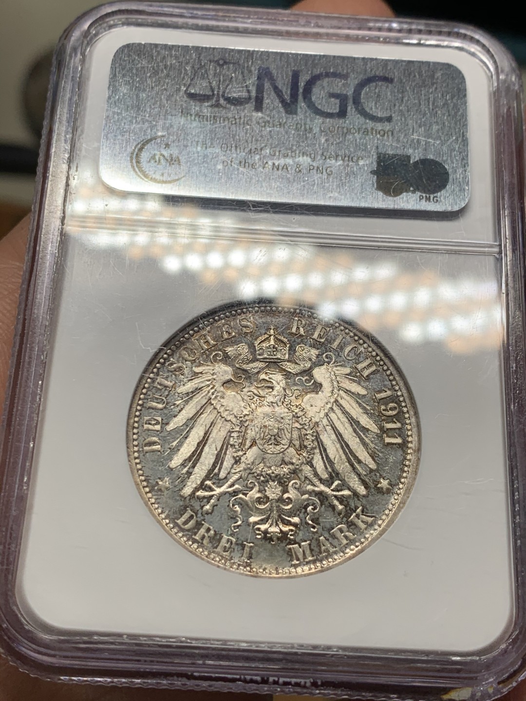 《竞宝斋》第36场-本周日 （全场顺丰包邮） NGC-MS65 德国 1911年符腾堡银婚3马克银币 顶级高分 镜面底板