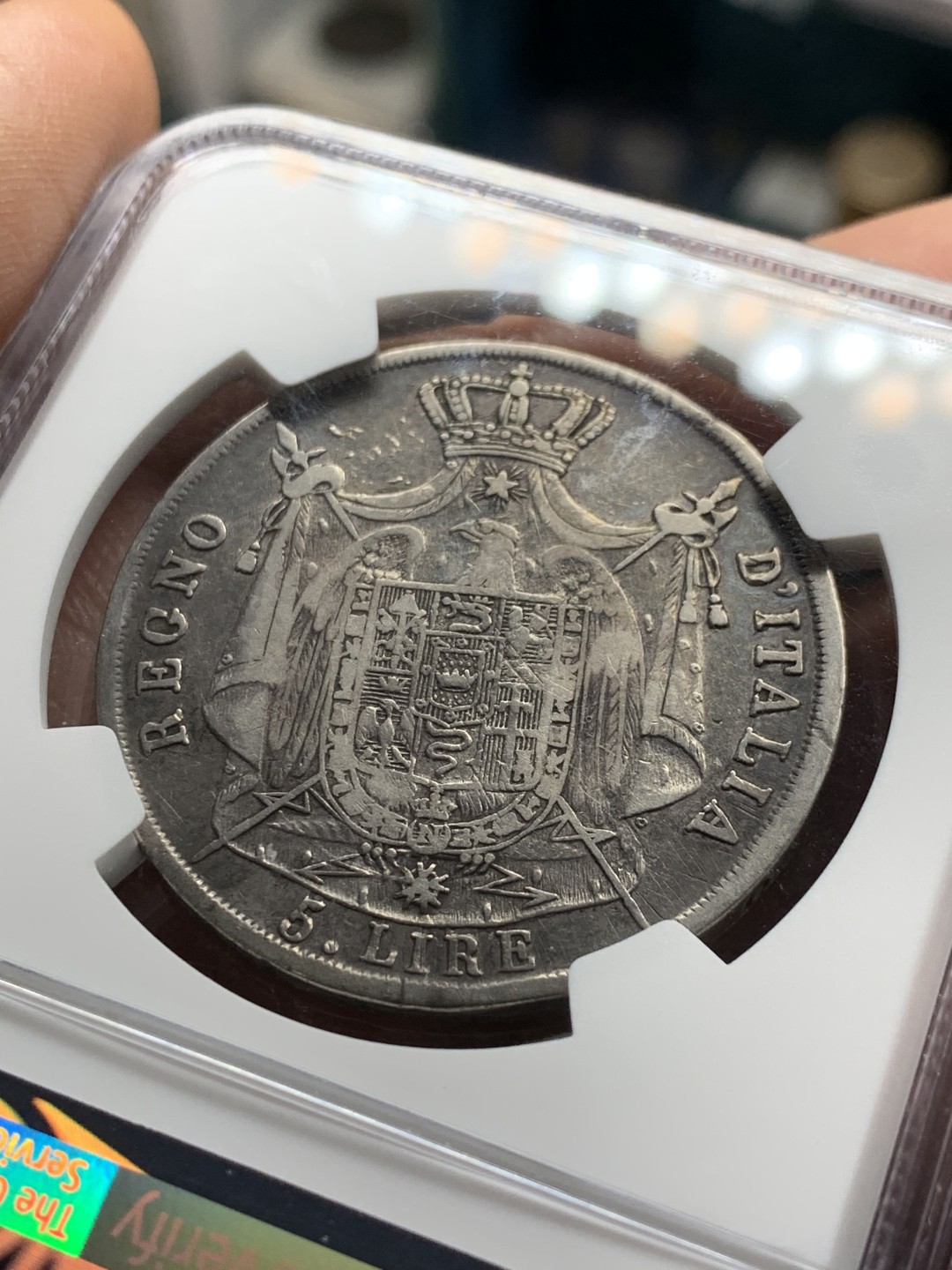 《竞宝斋》第36场-本周日 （全场顺丰包邮） NGC-VF 意大利 1809年 拿破仑一世 法占意大利5里拉银币 老包浆稀少品种