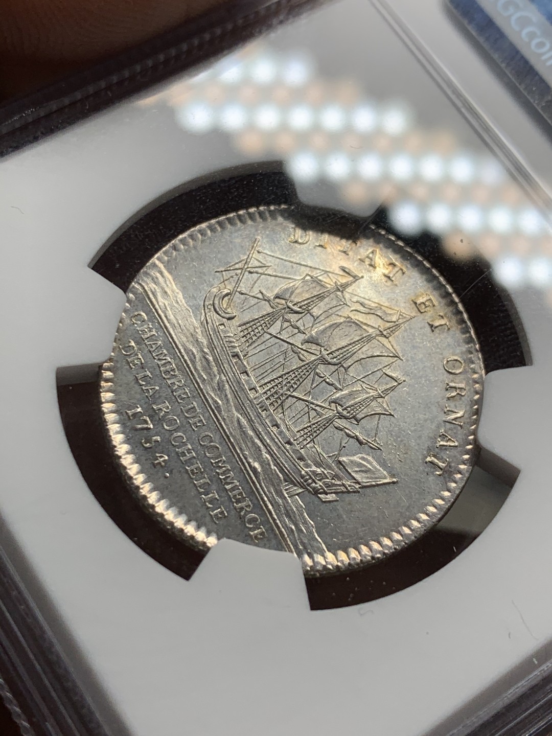 《竞宝斋》第36场-本周日 （全场顺丰包邮） NGC-MS62法国1754年路易十五年银代币 早期代币出分少见