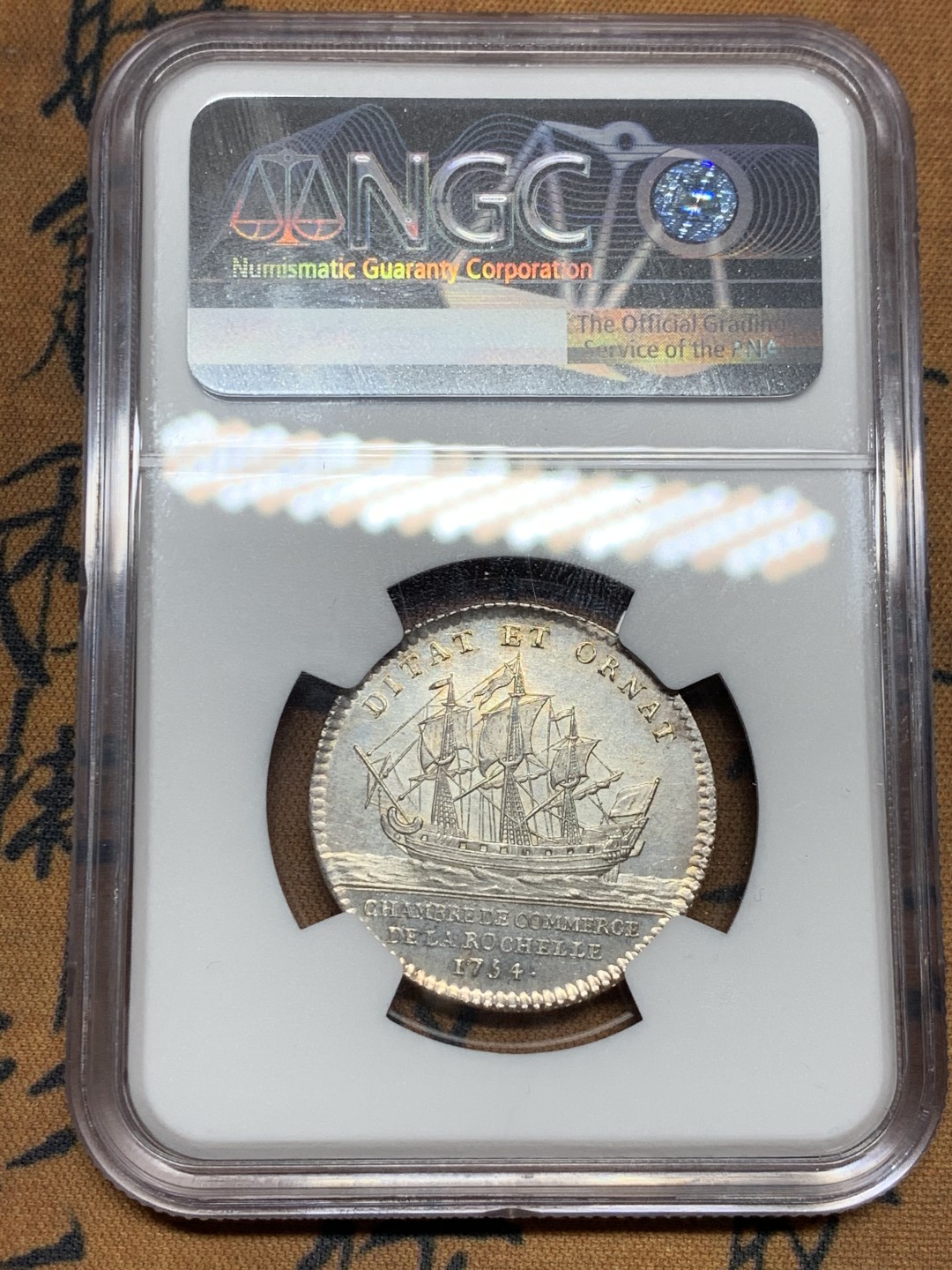 《竞宝斋》第36场-本周日 （全场顺丰包邮） NGC-MS62法国1754年路易十五年银代币 早期代币出分少见