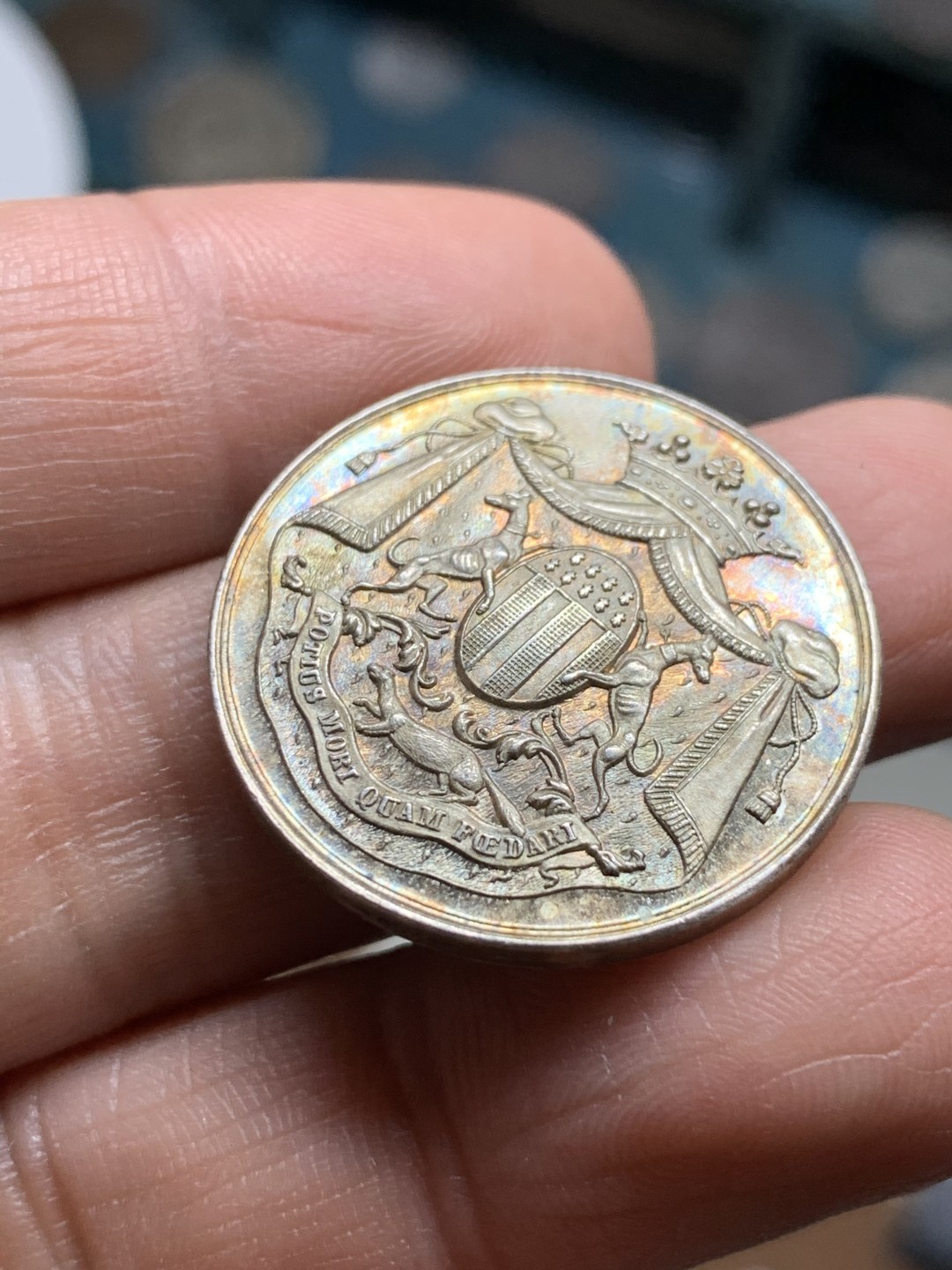 《竞宝斋》第36场-本周日 （全场顺丰包邮） 法国雷恩储蓄和养老基金代币 五彩包浆，丰饶角银标10克