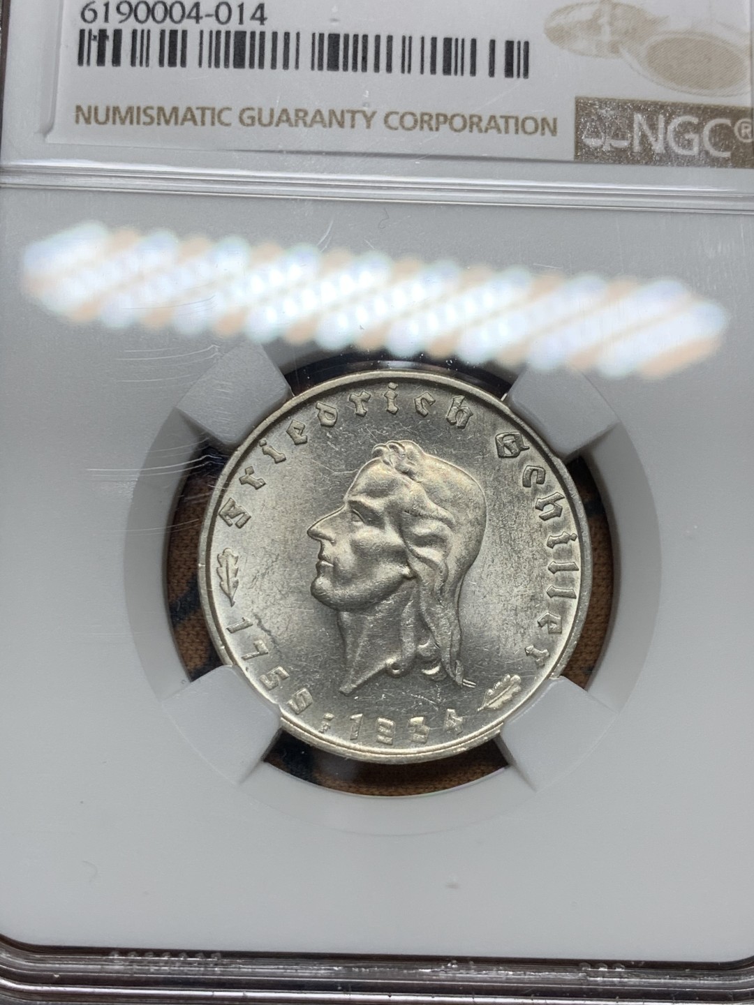 《竞宝斋》第36场-本周日 （全场顺丰包邮） NGC 评级 德国1934年 席勒2马克 银币 非常不错的状态