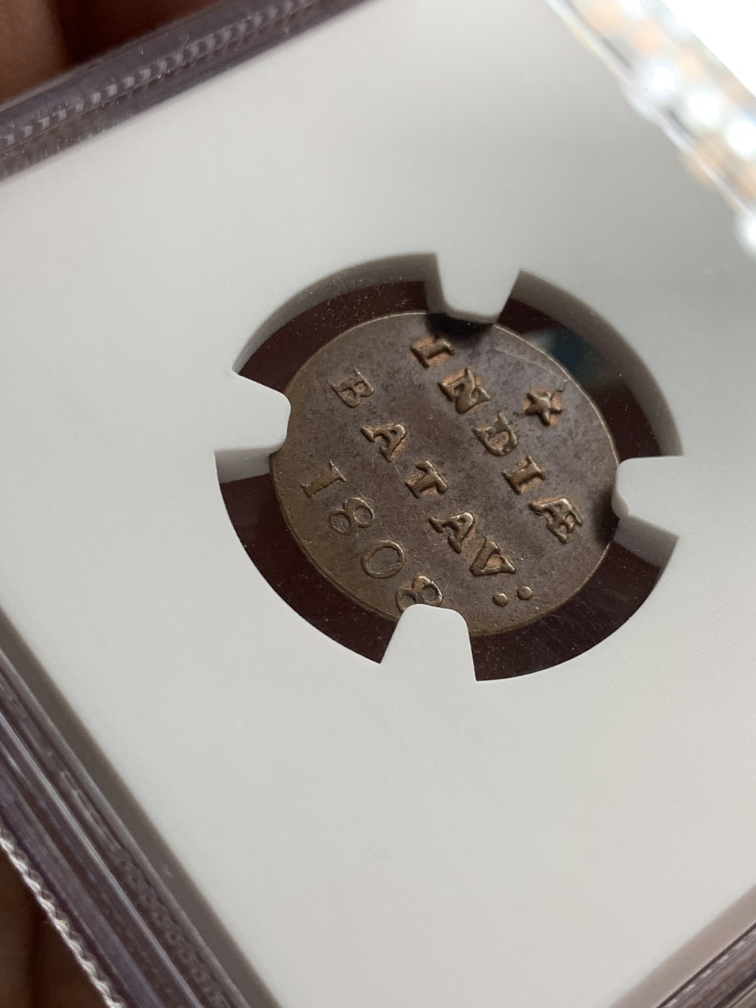 《竞宝斋》第36场-本周日 （全场顺丰包邮） NGC-MS 61BN 荷属东印度1808年1/2 DUIT 铜币