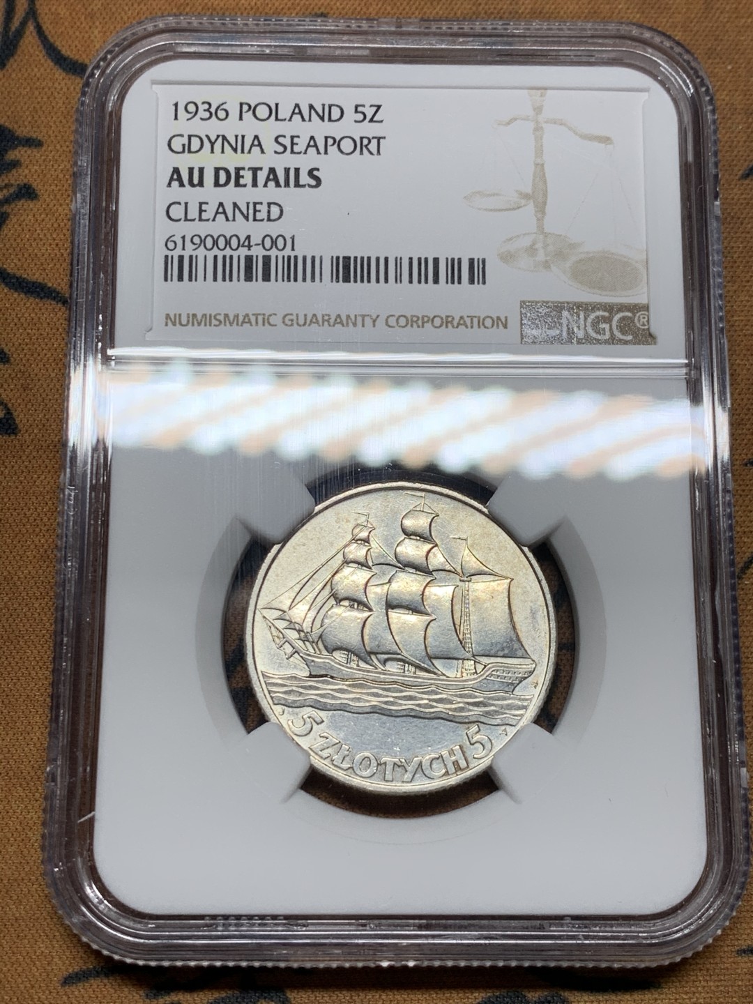 《竞宝斋》第36场-本周日 （全场顺丰包邮） NGC 评级 少见好品相 1936年 波兰 5兹罗提 帆船银币