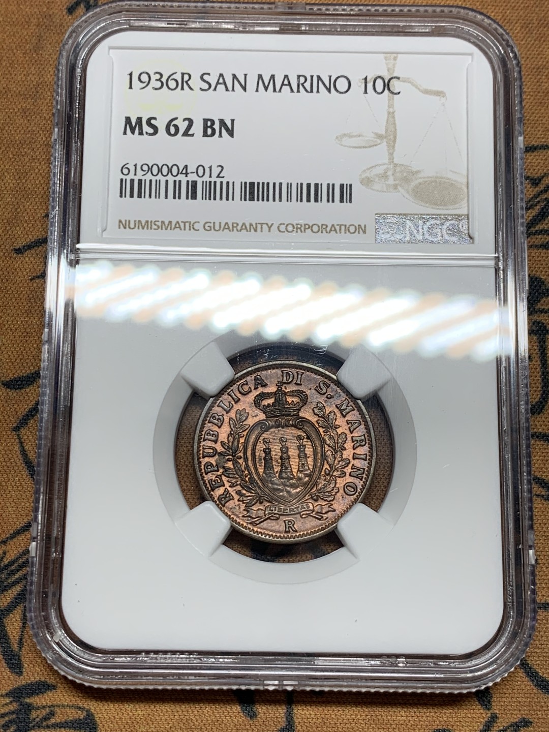 《竞宝斋》第36场-本周日 （全场顺丰包邮） NGC MS62BN 圣马力诺 1936年 10分铜币 出厂状态 紫罗兰包浆