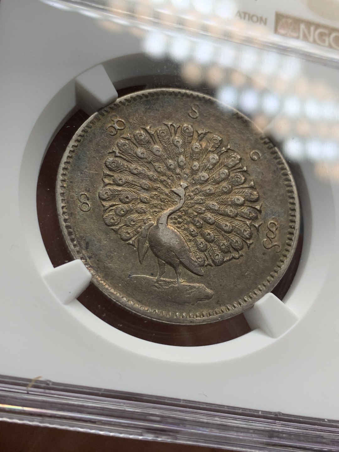 《竞宝斋》第36场-本周日 （全场顺丰包邮） NGC-AUD缅甸1852孔雀银币 au品羽毛清晰