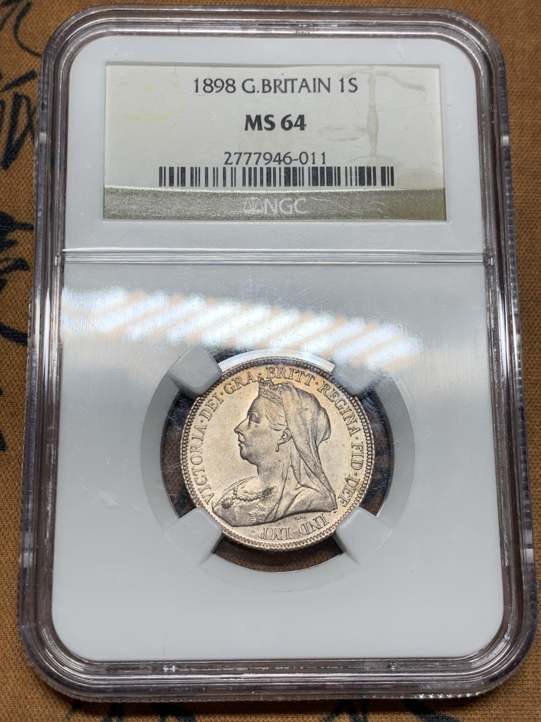 《竞宝斋》第36场-本周日 （全场顺丰包邮） NGC-MS64 英国 1898年 维多利亚女王1先令银币 少见年份 全转光